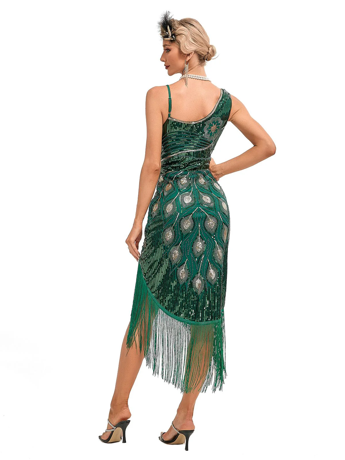 Grün 1920er Vintage Fransen Pailletten Midi Kleid - Image 2