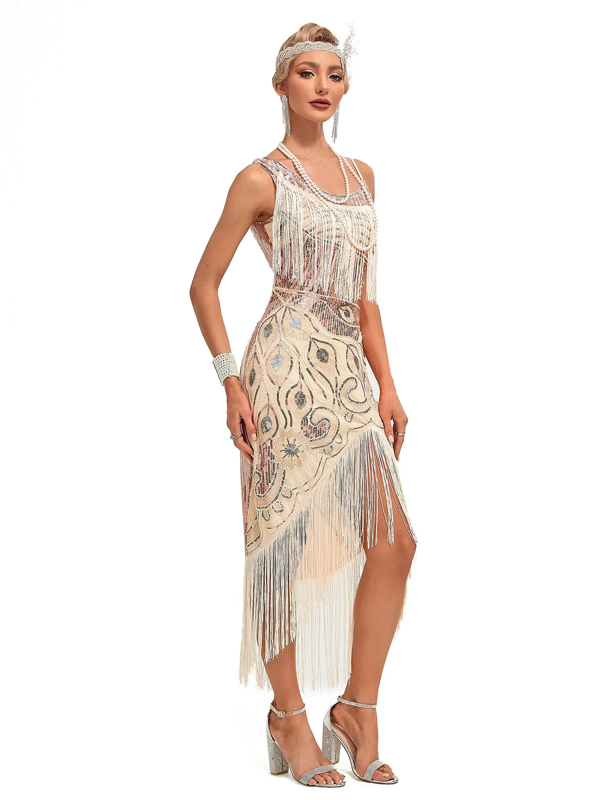 Grün 1920er Vintage Fransen Pailletten Midi Kleid - Image 5