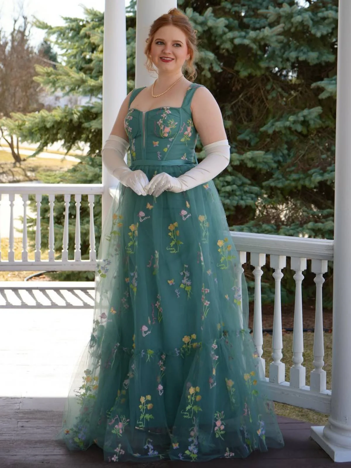 Grün 1930er Blumen Netz Stäbchen Schnürung Kleid