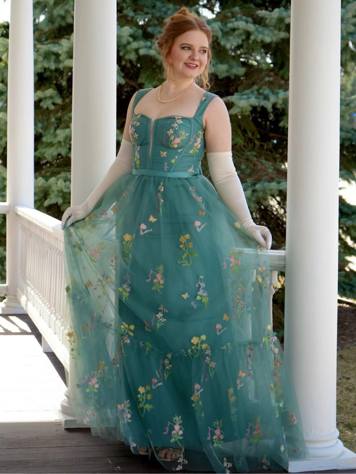 Grün 1930er Blumen Netz Stäbchen Schnürung Kleid - Image 2