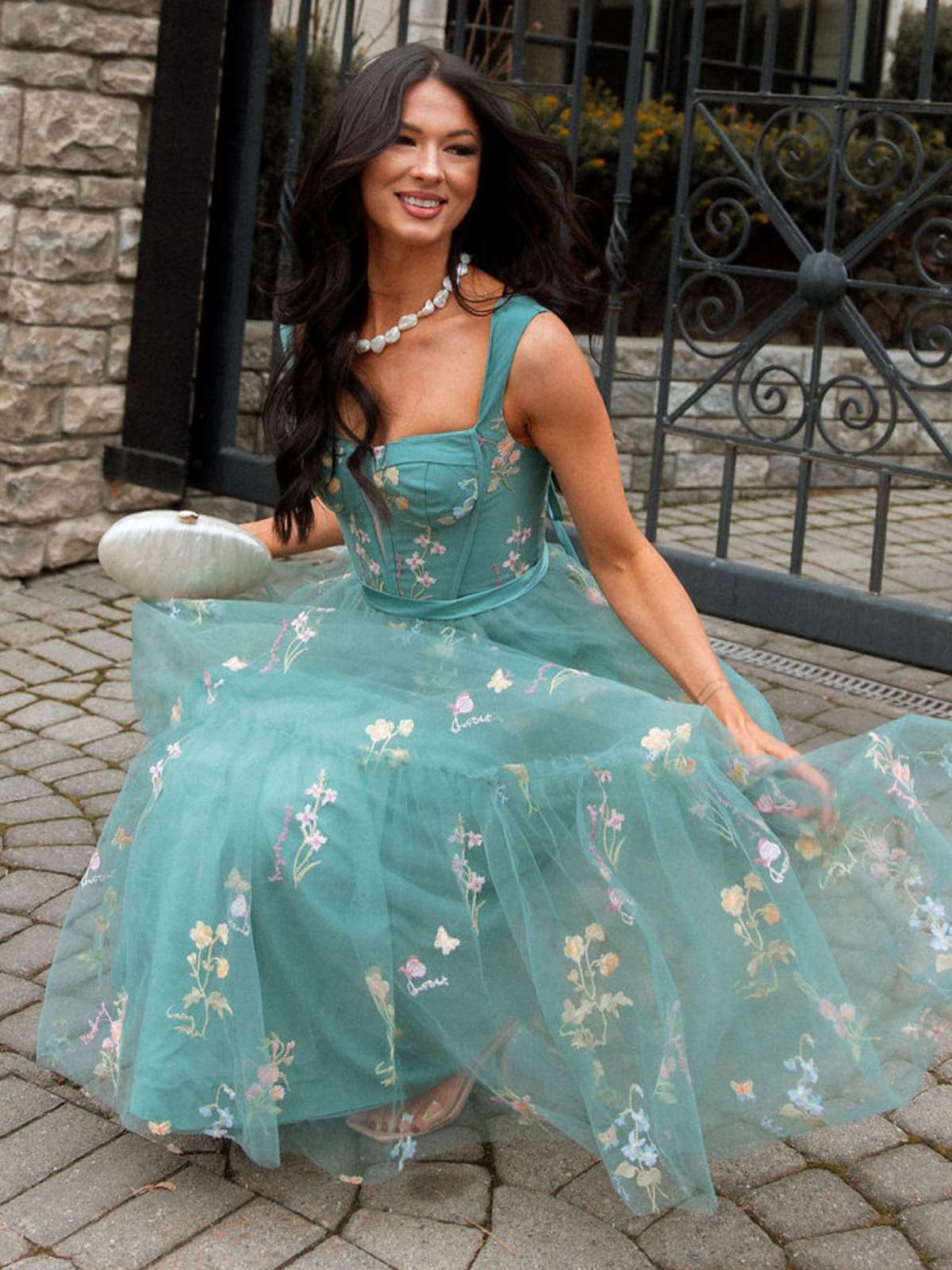 Grün 1930er Blumen Netz Stäbchen Schnürung Kleid - Image 2