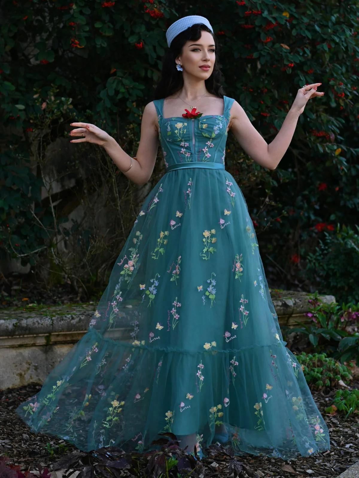 GrĂŒn 1930er Blumen Netz StĂ€bchen SchnĂŒrung Kleid