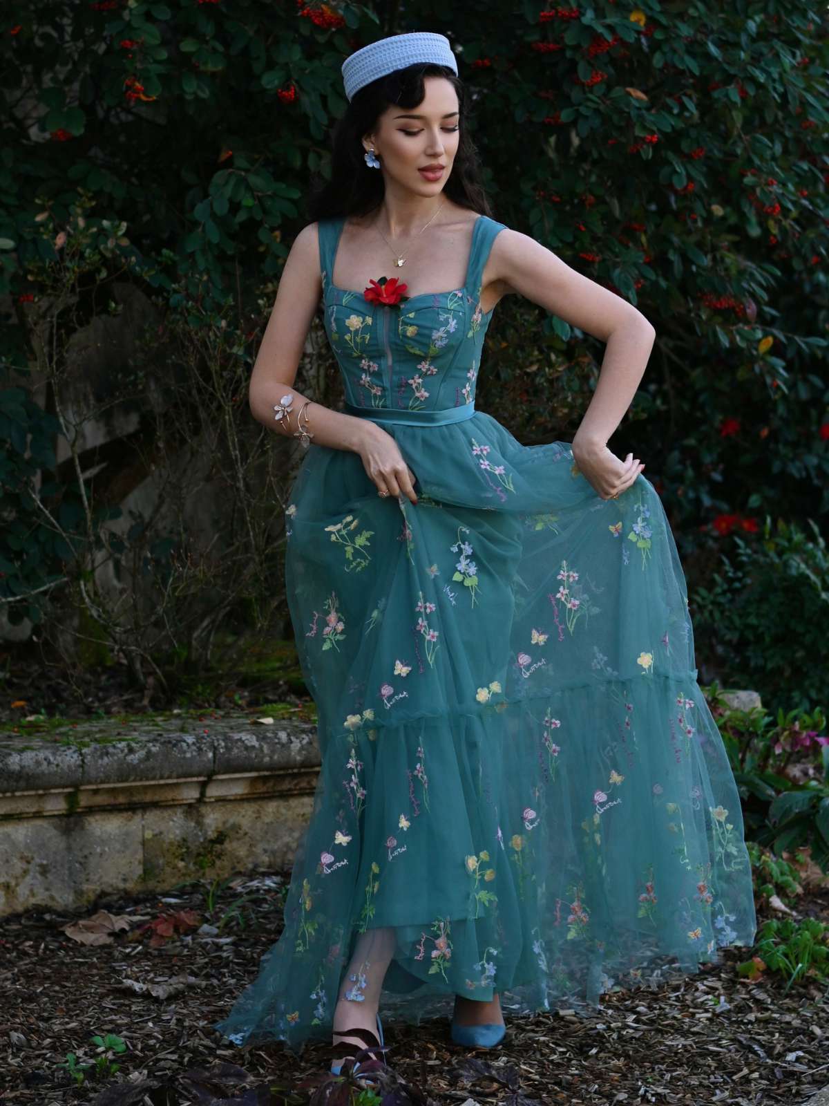 GrĂŒn 1930er Blumen Netz StĂ€bchen SchnĂŒrung Kleid - Image 2