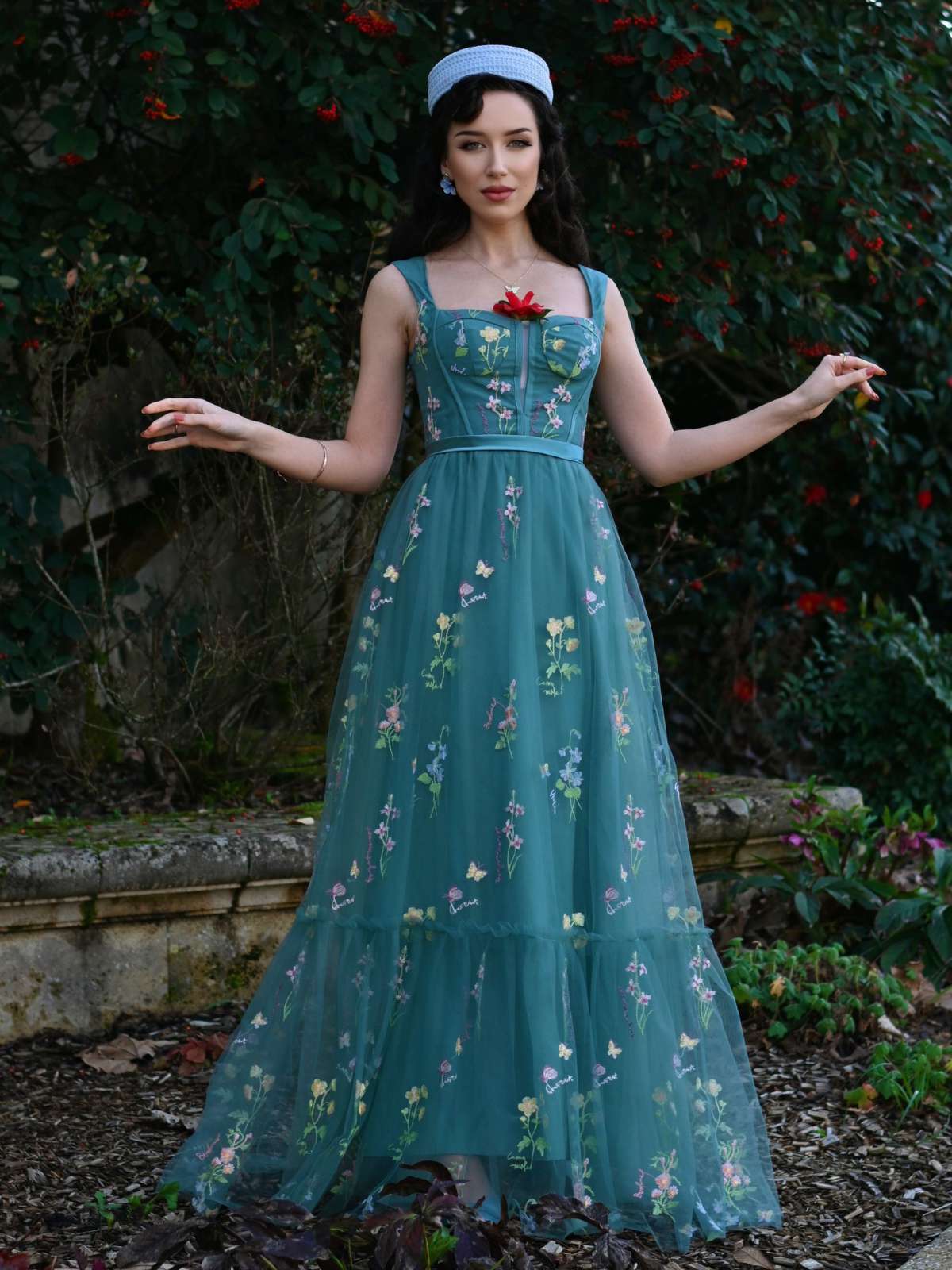 GrĂŒn 1930er Blumen Netz StĂ€bchen SchnĂŒrung Kleid - Image 3