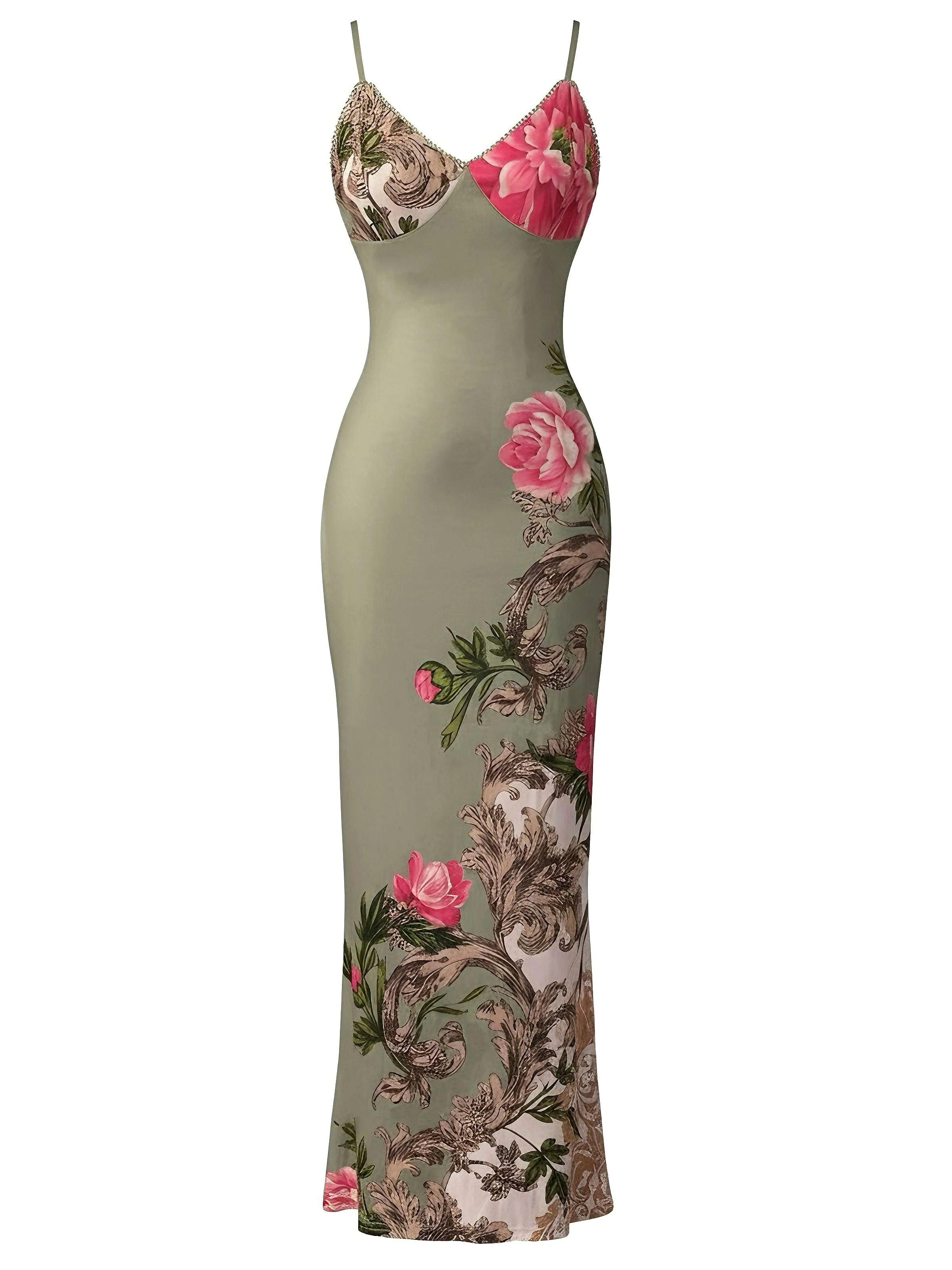 Grün 1930er Blumen Spaghetti Träger Figurbetont Maxi Kleid - Image 3
