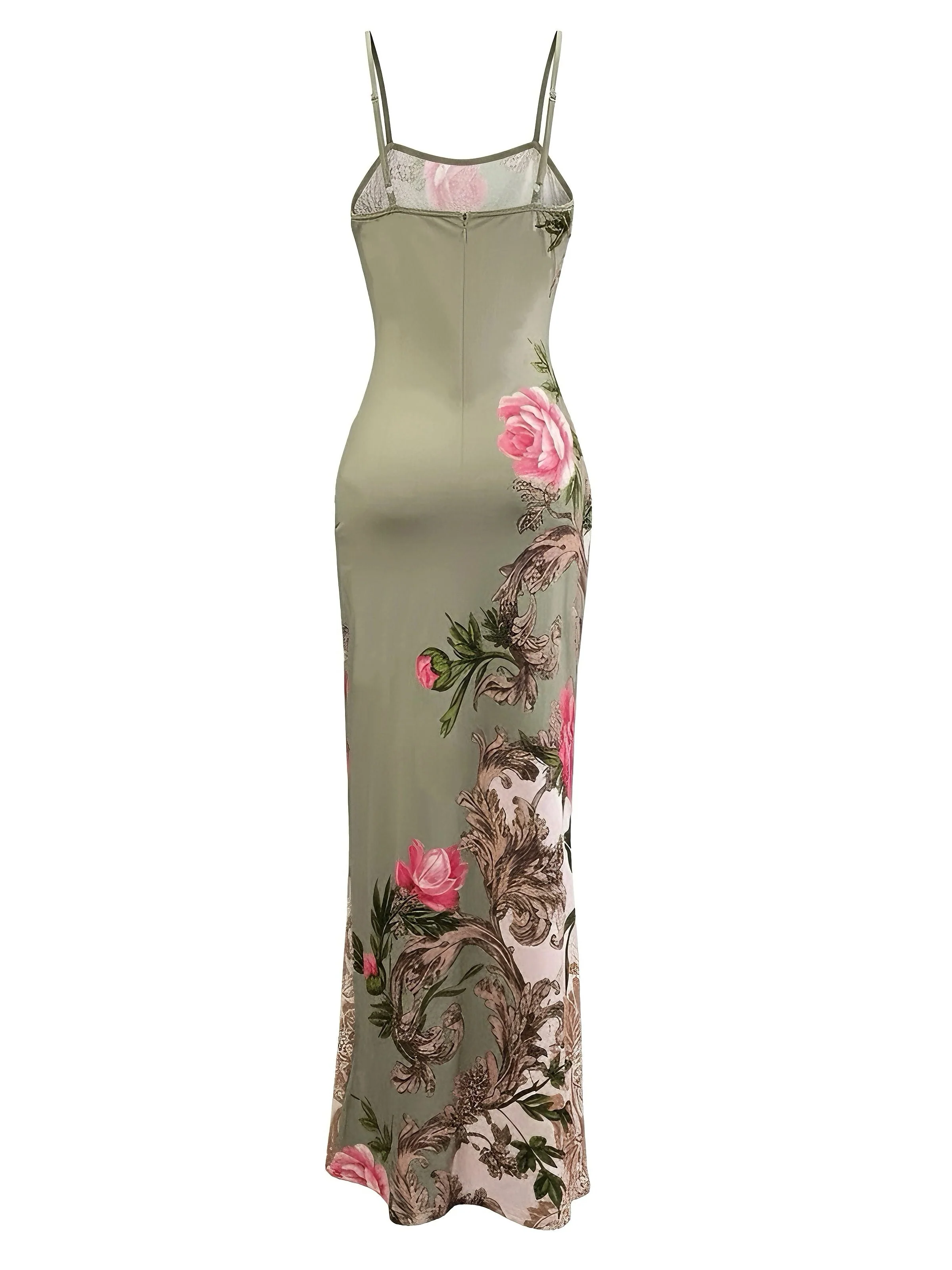 Grün 1930er Blumen Spaghetti Träger Figurbetont Maxi Kleid - Image 4