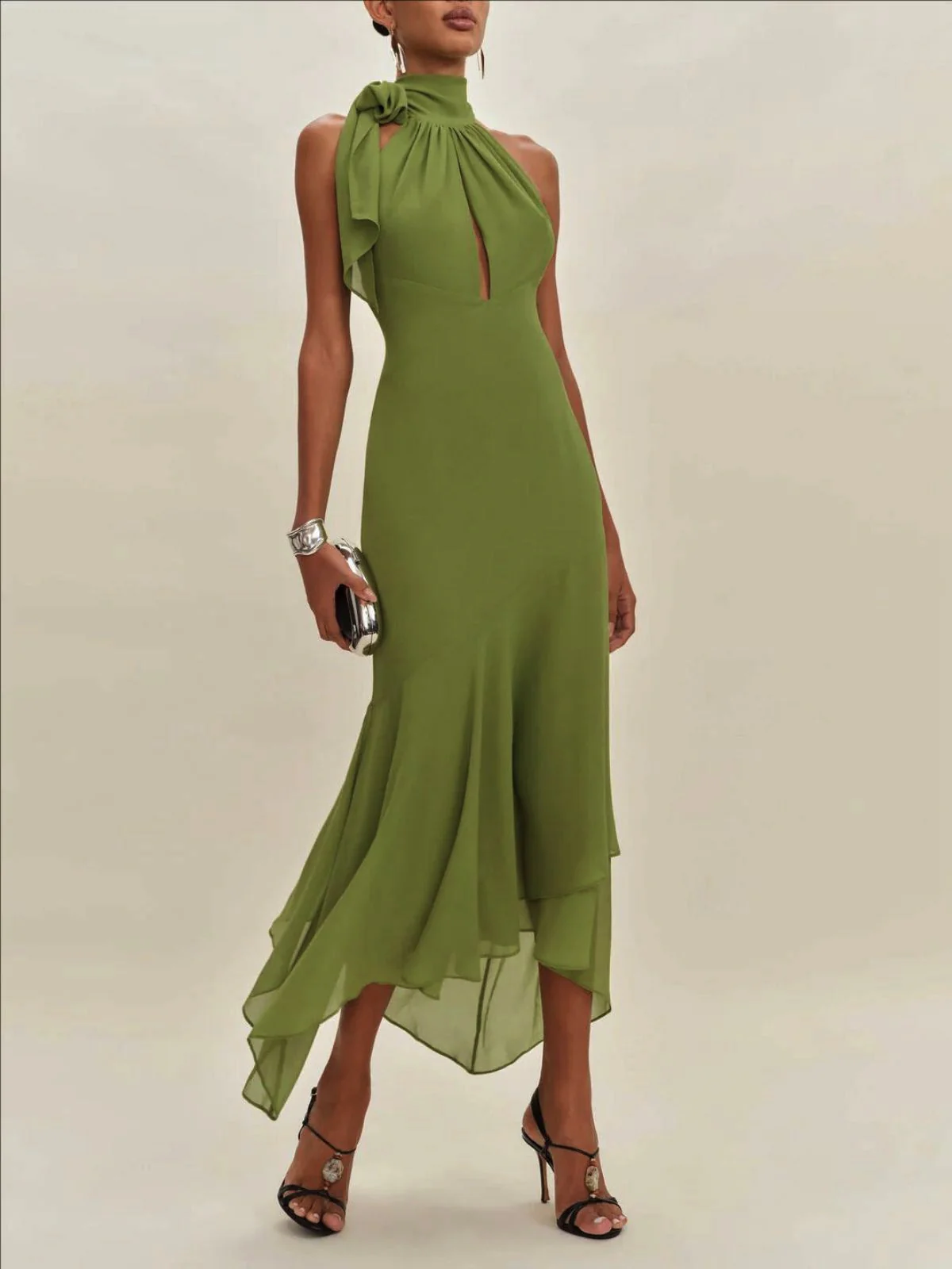 Grün 1930er Halter Netz Rückenfrei Chiffon Midi Kleid - Image 2