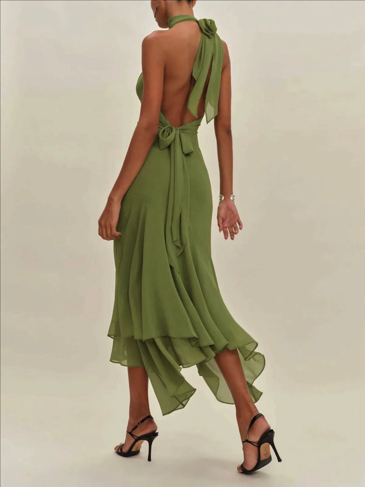 Grün 1930er Halter Netz Rückenfrei Chiffon Midi Kleid - Image 4