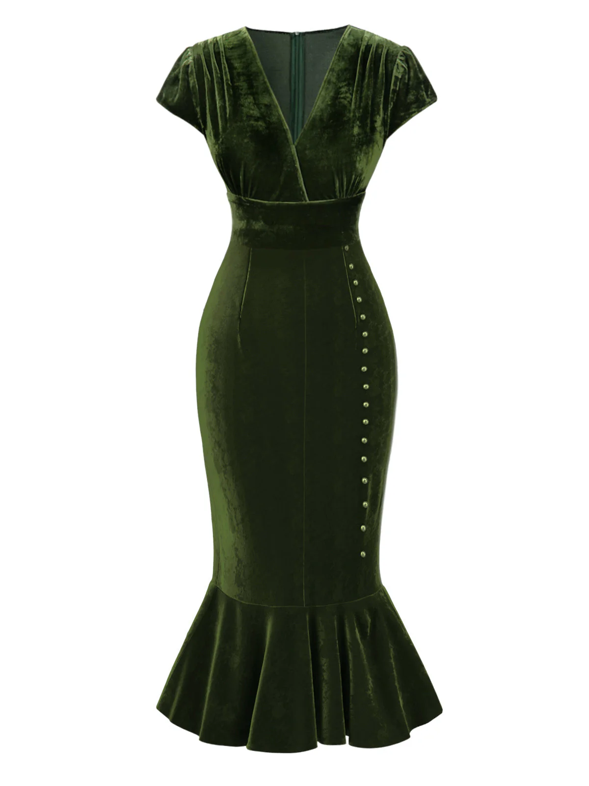 Grün 1930er Knöpfen V-Ausschnitt Samt Fischschwanzkleid - Image 3