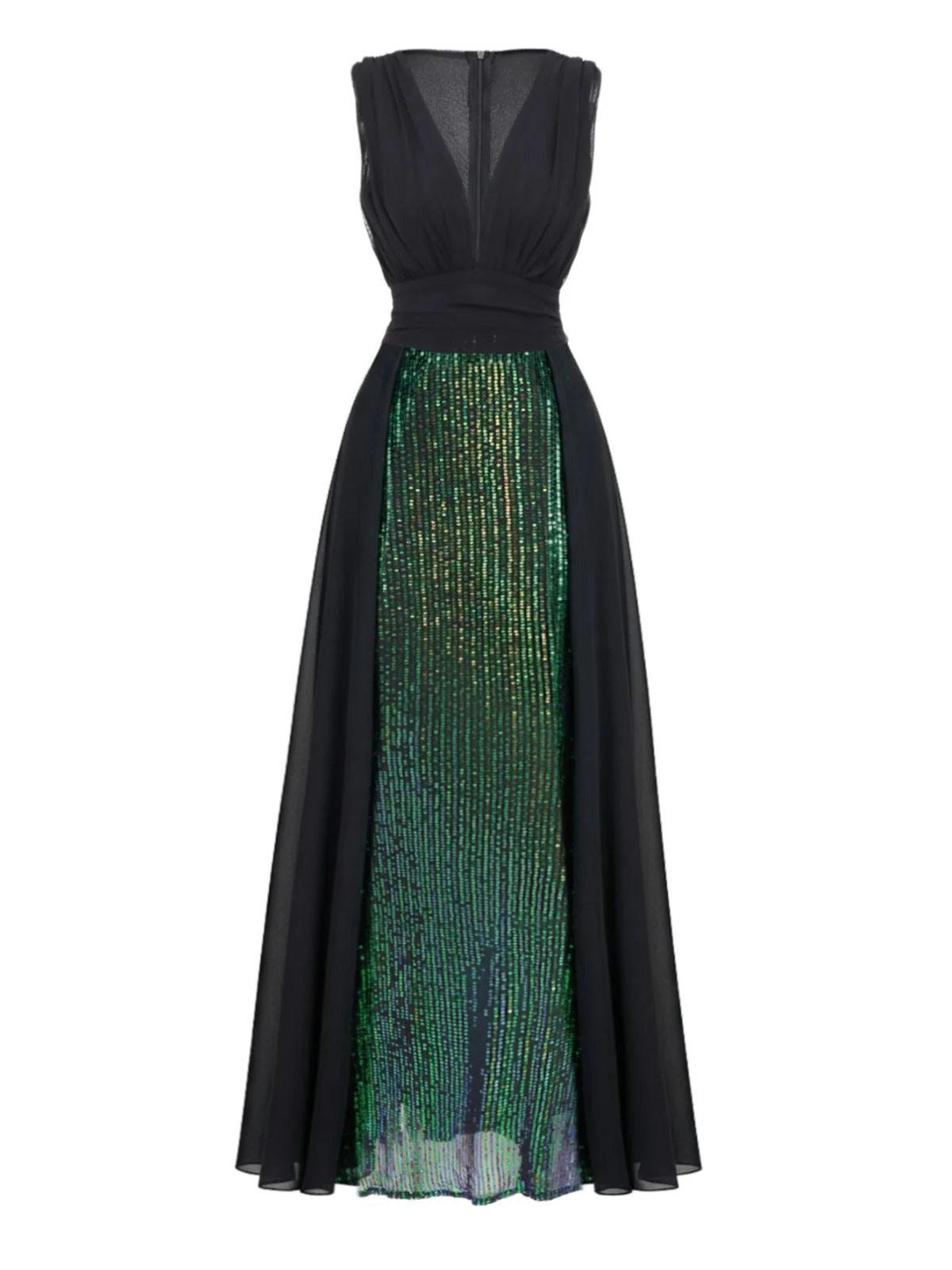 Grün 1930er Pailletten Tief V Tüll Ärmellos Kleid - Image 2