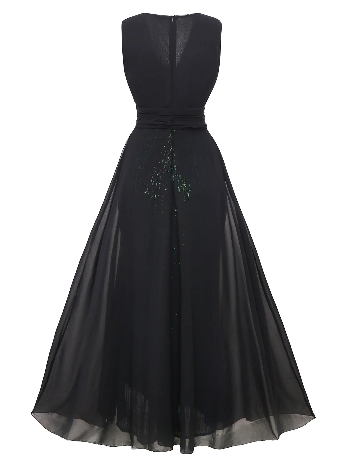 Grün 1930er Pailletten Tief V Tüll Ärmellos Kleid - Image 3