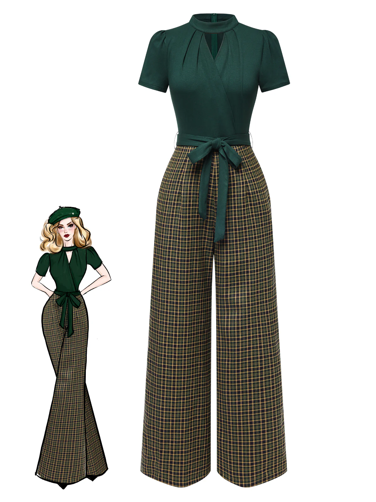 Grün 1930er Plaid Schlüssellochhals Jumpsuit - Image 3