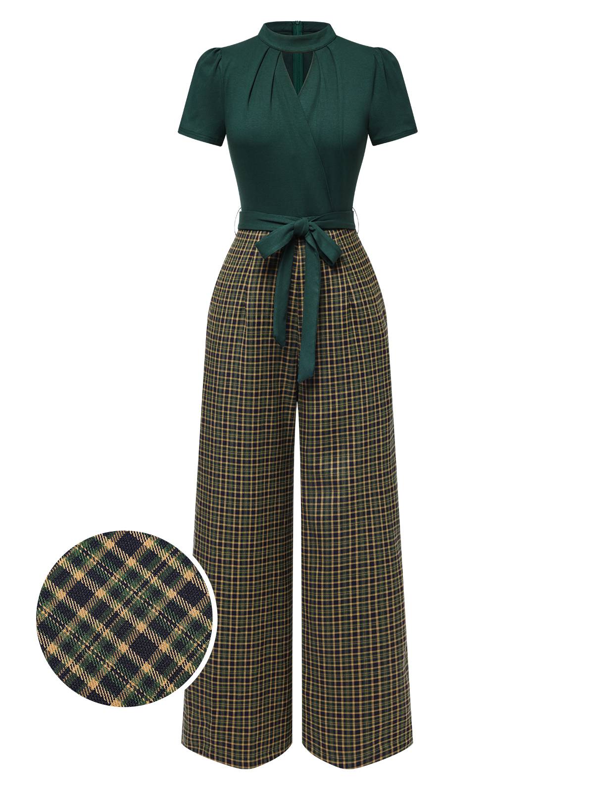 Grün 1930er Plaid Schlüssellochhals Jumpsuit - Image 4