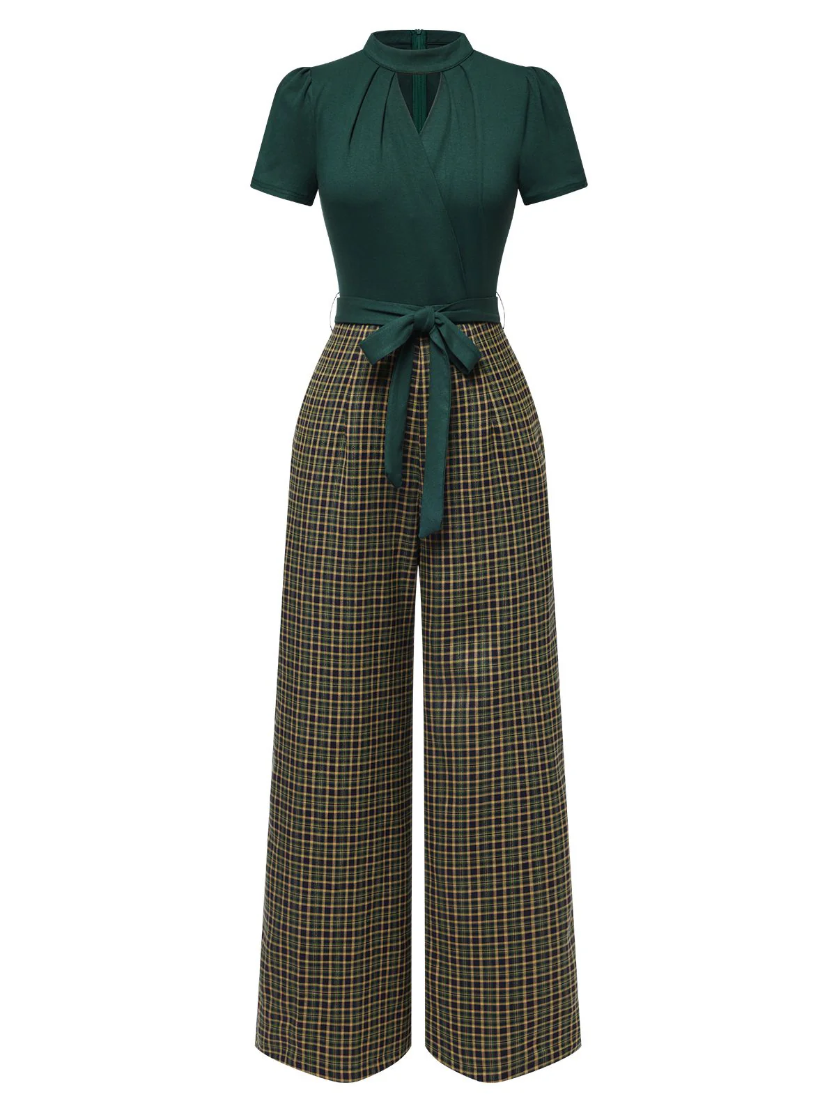 Grün 1930er Plaid Schlüssellochhals Jumpsuit - Image 5