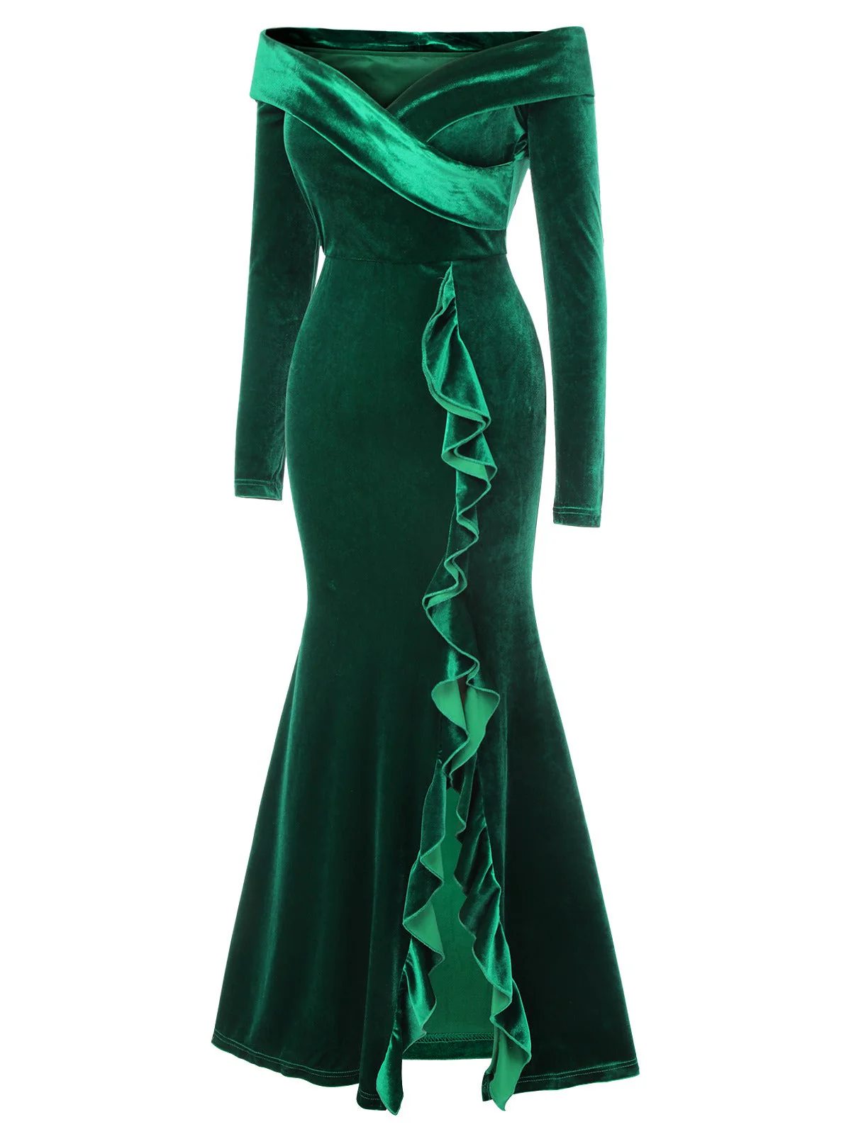 Grün 1930er Samt Off-Schulter Ruffle-Trim Meerjungfrauenkleid - Image 3