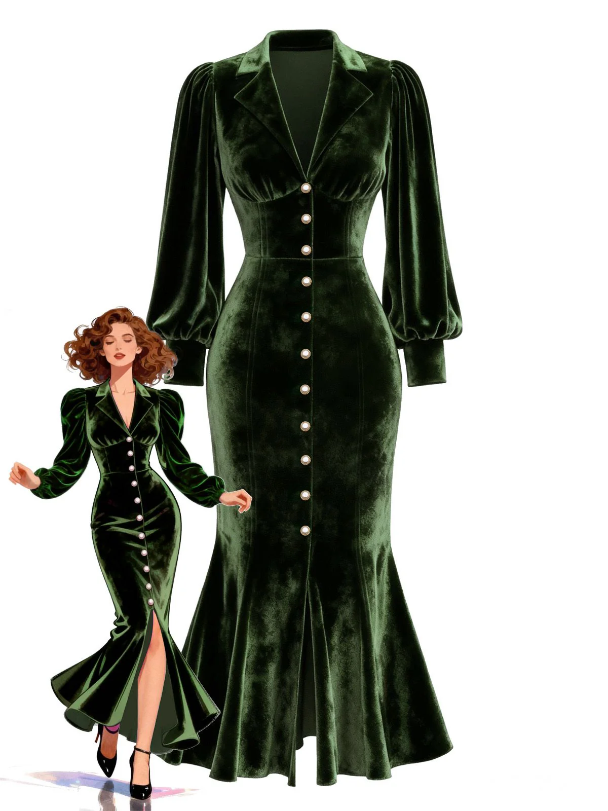 Grün 1930er Samt Perle Laternenärmel Meerjungfrauen Kleid - Image 3