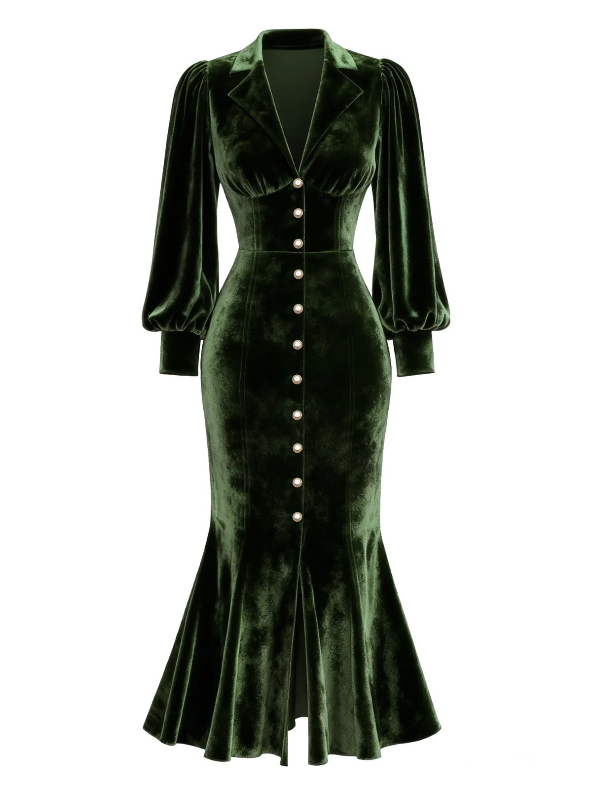 Grün 1930er Samt Perle Laternenärmel Meerjungfrauen Kleid - Image 4
