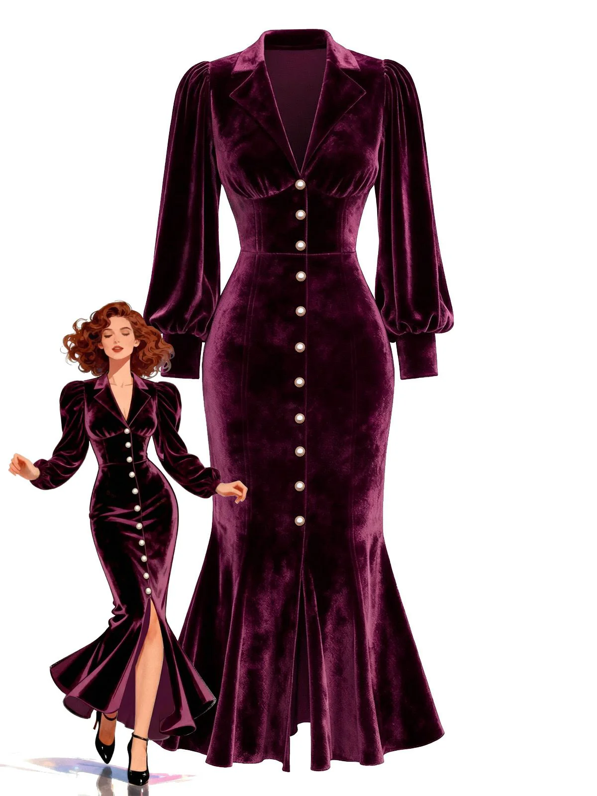 Grün 1930er Samt Perle Laternenärmel Meerjungfrauen Kleid - Image 6