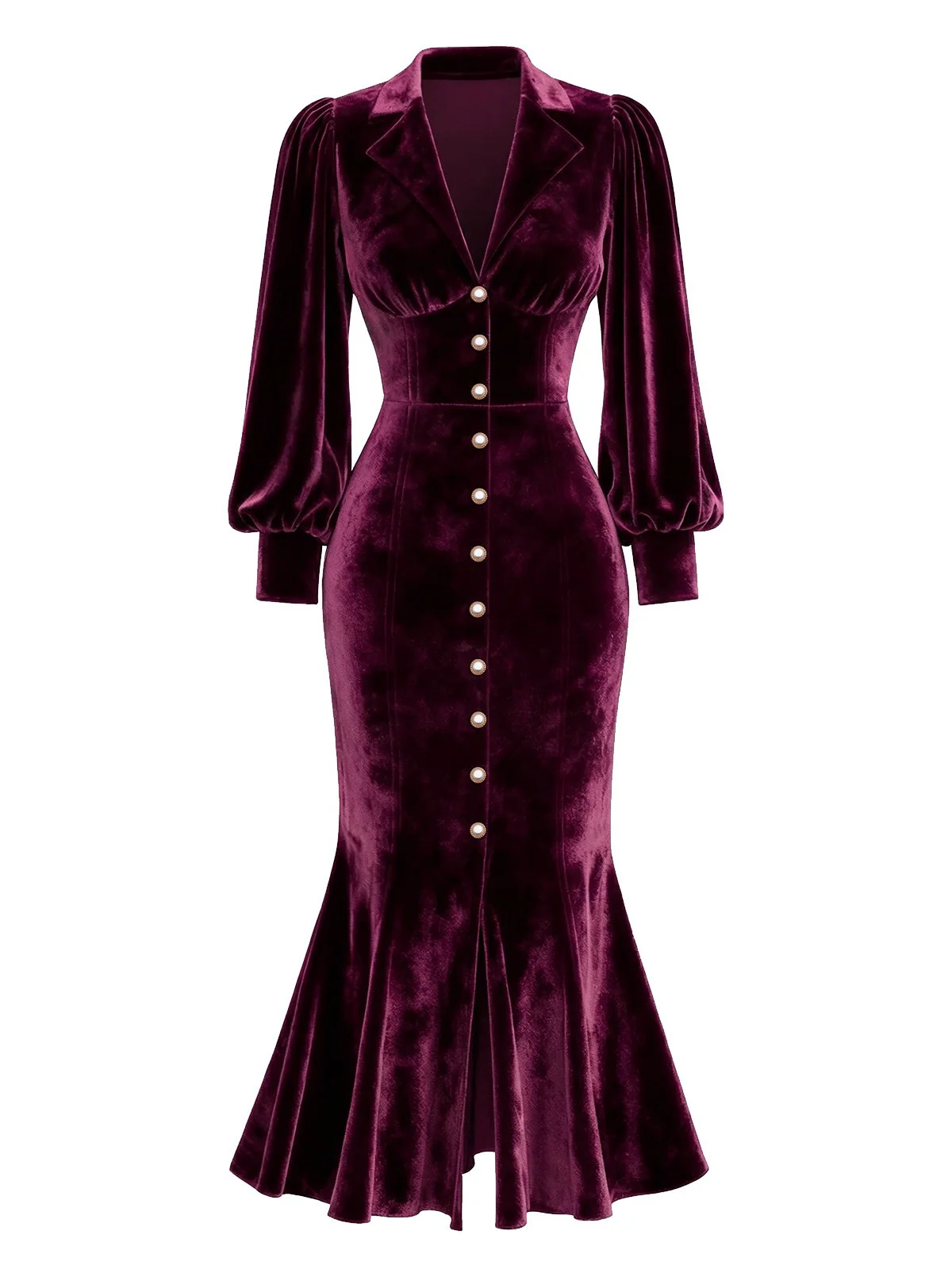 Grün 1930er Samt Perle Laternenärmel Meerjungfrauen Kleid - Image 7