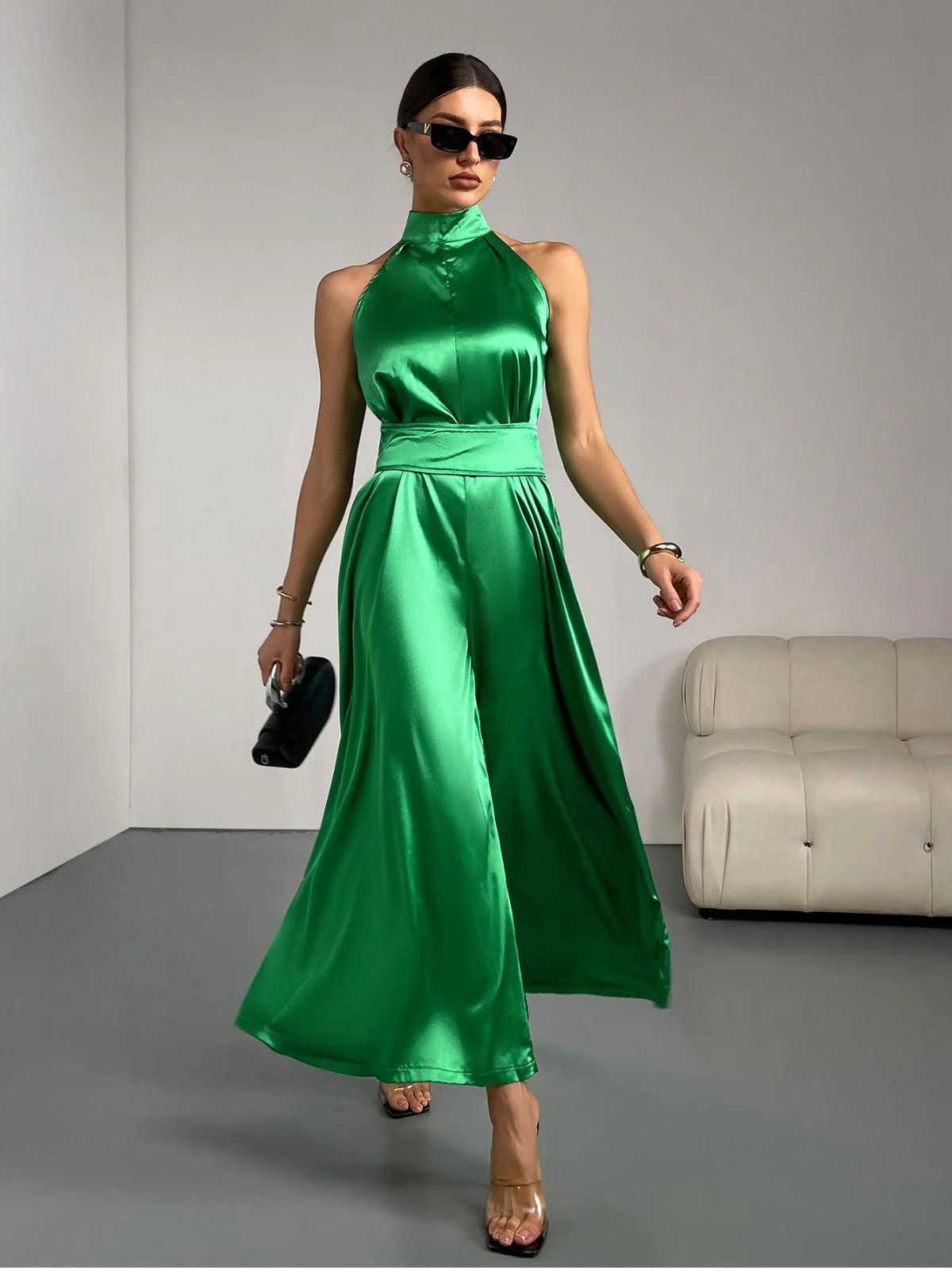 Grün 1930er Satin Stehkragen Weites Bein Jumpsuit - Image 2