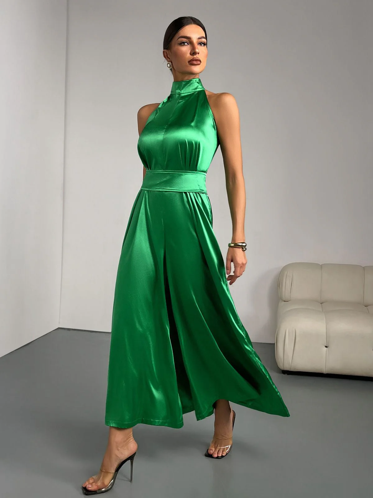 Grün 1930er Satin Stehkragen Weites Bein Jumpsuit - Image 3