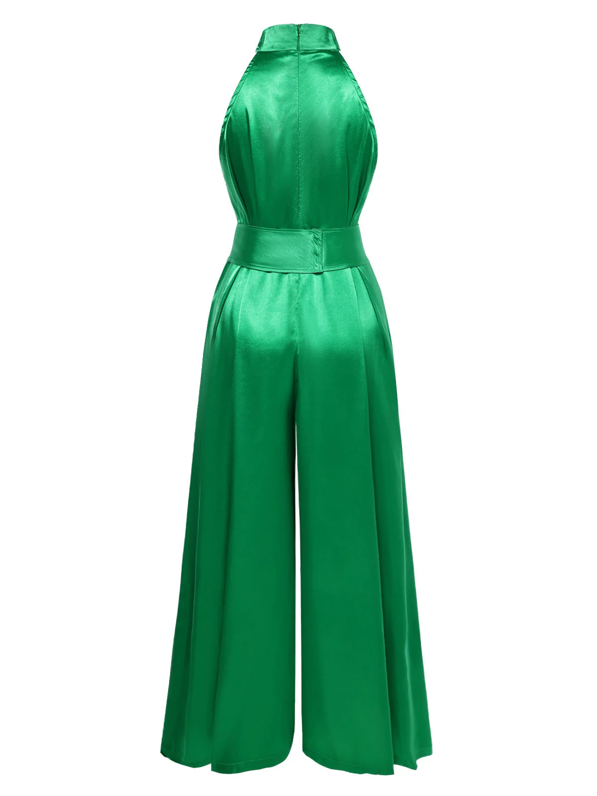 Grün 1930er Satin Stehkragen Weites Bein Jumpsuit - Image 4
