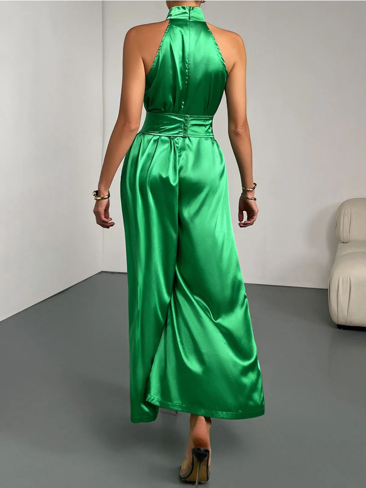 Grün 1930er Satin Stehkragen Weites Bein Jumpsuit - Image 5