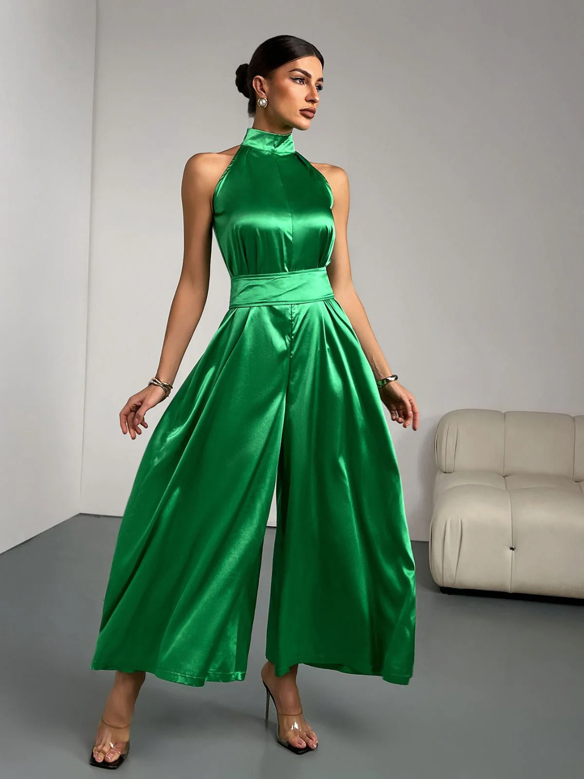 Grün 1930er Satin Stehkragen Weites Bein Jumpsuit - Image 6