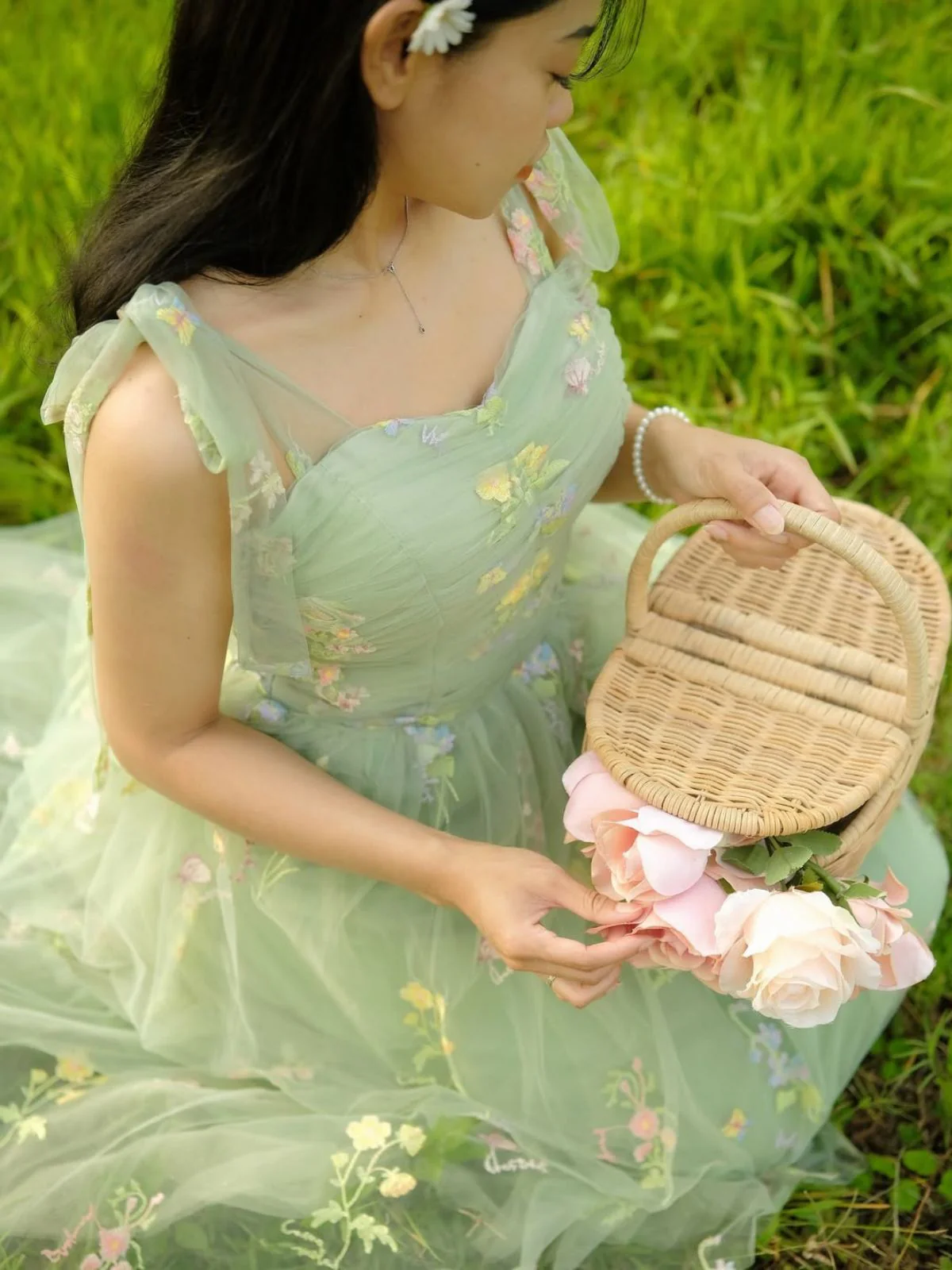 Grün 1930er Schulterkrawatte Stickerei Blumen Netz Kleid - Image 3