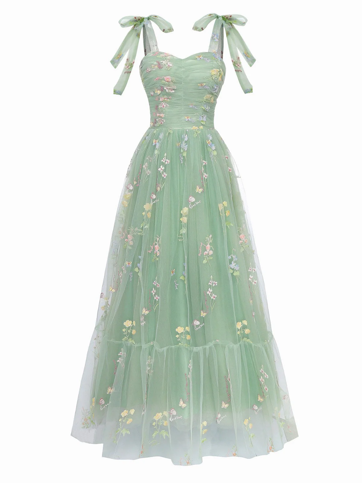 Grün 1930er Schulterkrawatte Stickerei Blumen Netz Kleid - Image 4