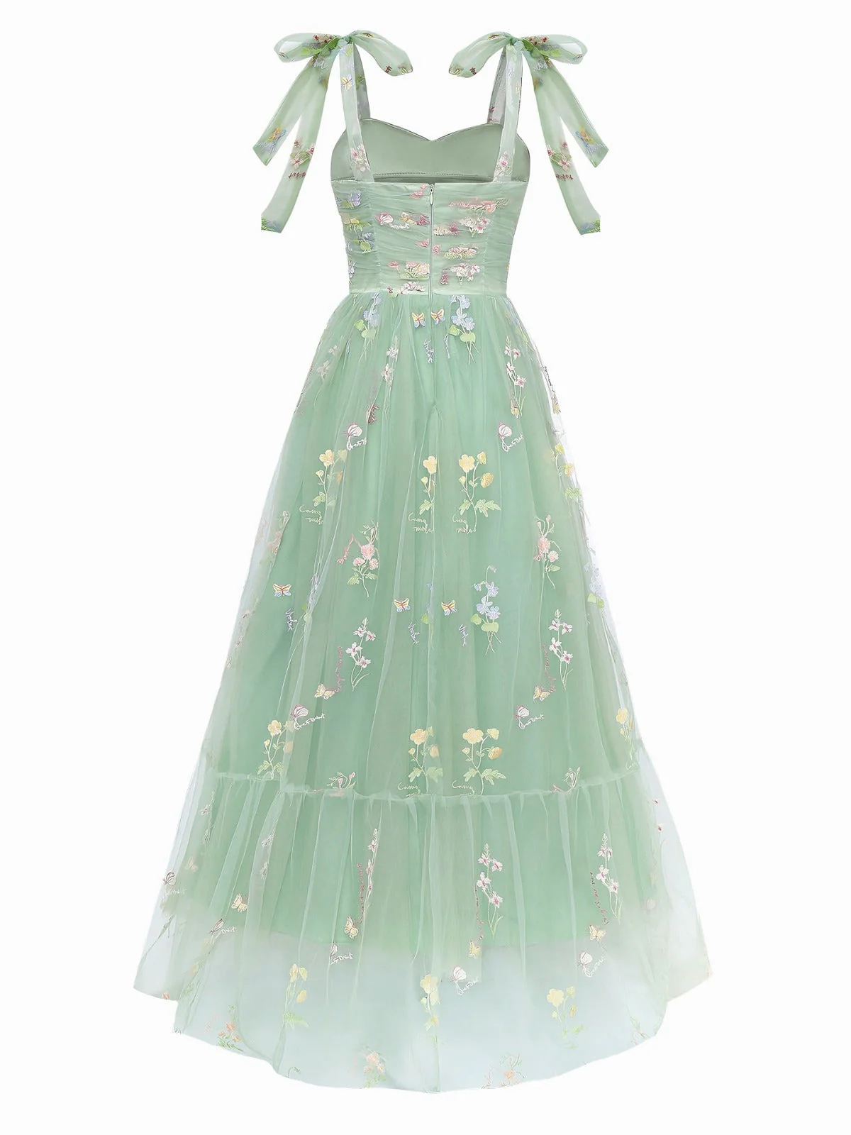 Grün 1930er Schulterkrawatte Stickerei Blumen Netz Kleid - Image 5