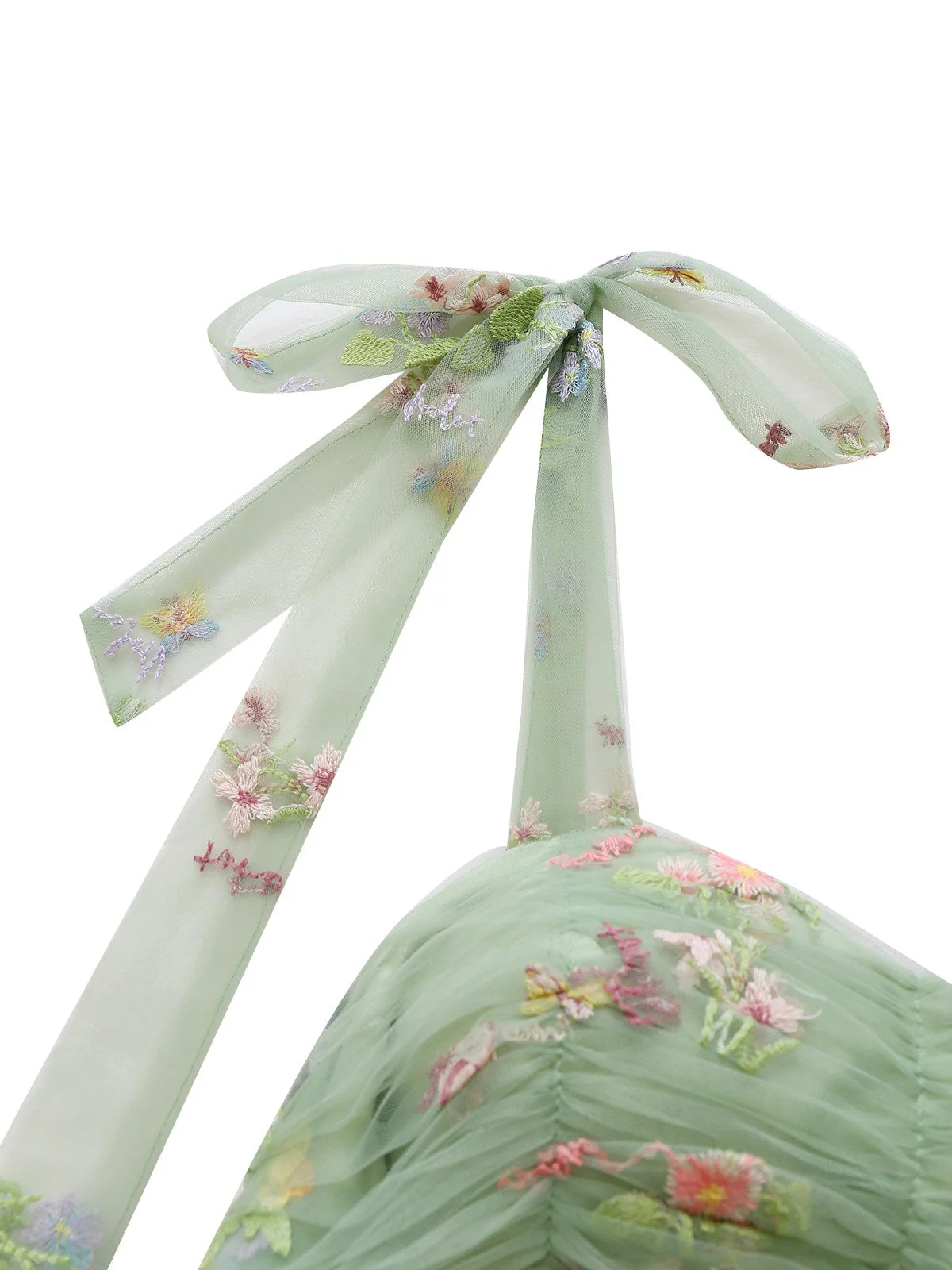 Grün 1930er Schulterkrawatte Stickerei Blumen Netz Kleid - Image 6