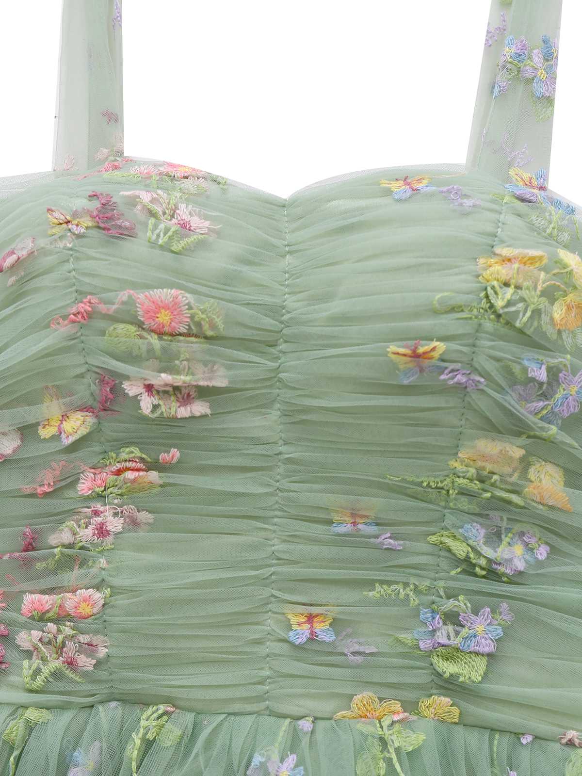 Grün 1930er Schulterkrawatte Stickerei Blumen Netz Kleid - Image 7