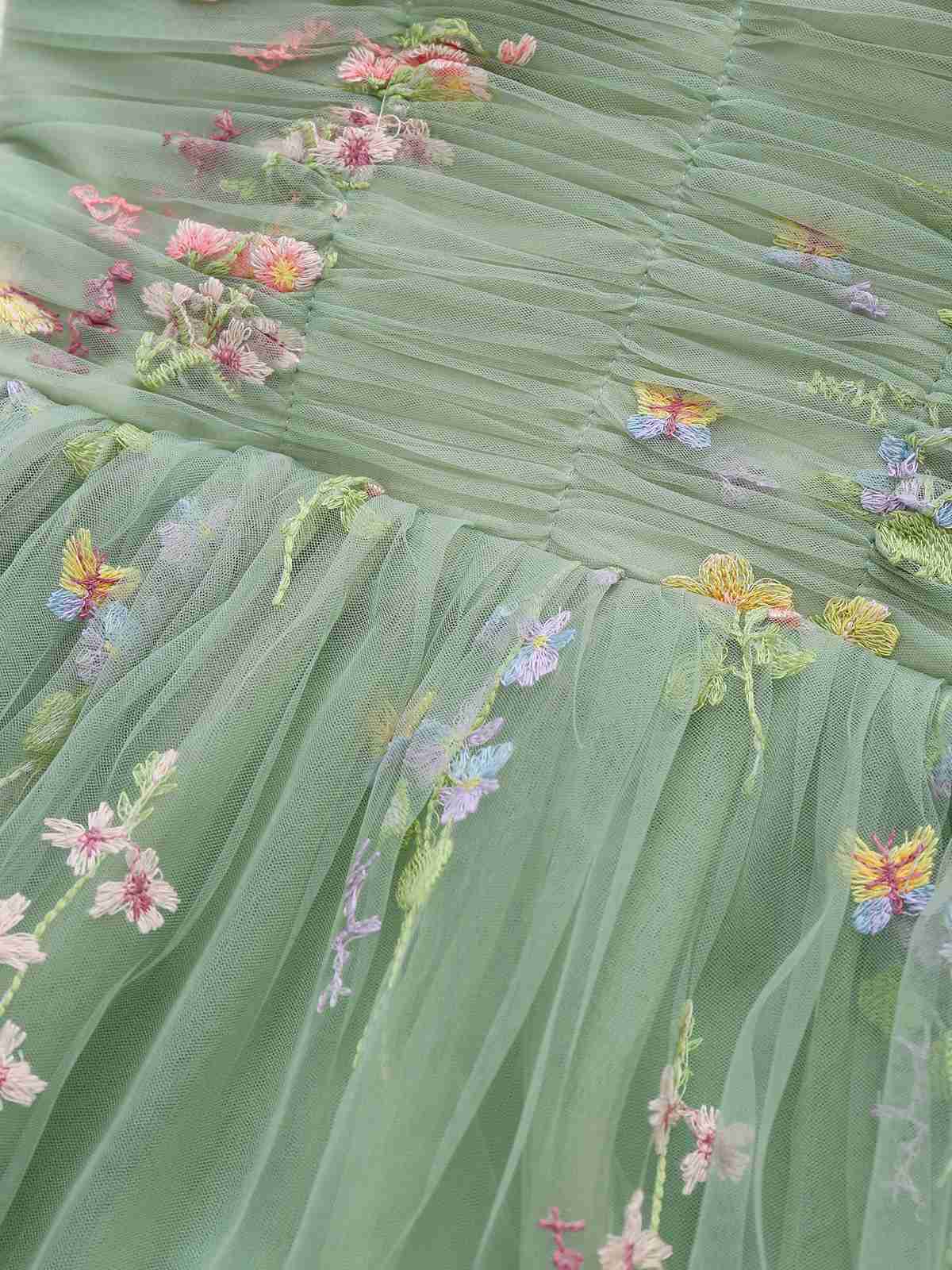 Grün 1930er Schulterkrawatte Stickerei Blumen Netz Kleid - Image 8
