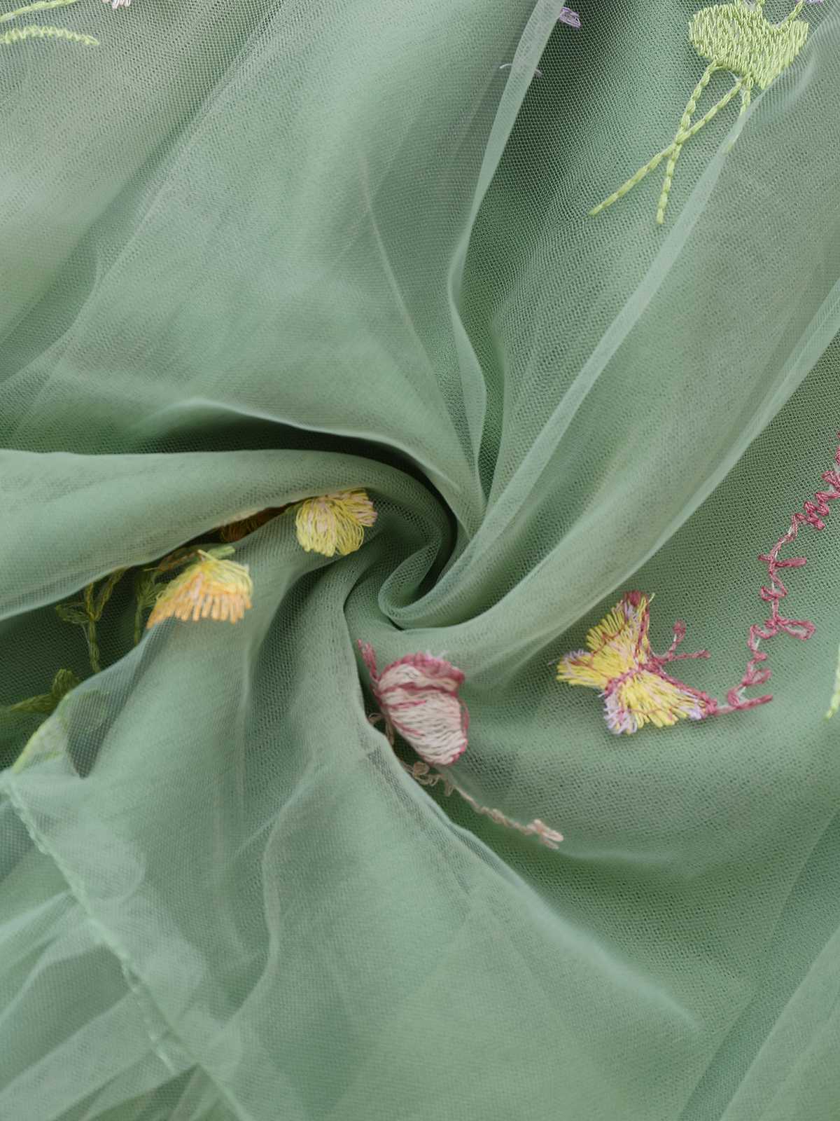 Grün 1930er Schulterkrawatte Stickerei Blumen Netz Kleid - Image 9