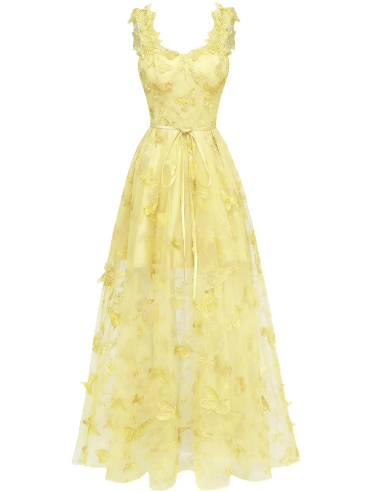Gelb 1930er Spaghetti Träger 3D Schmetterlinge Netz Maxi Kleid