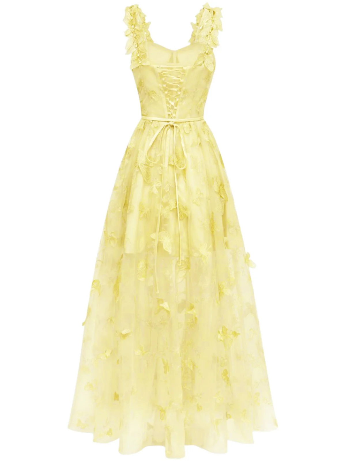 Gelb 1930er Spaghetti Träger 3D Schmetterlinge Netz Maxi Kleid - Image 2