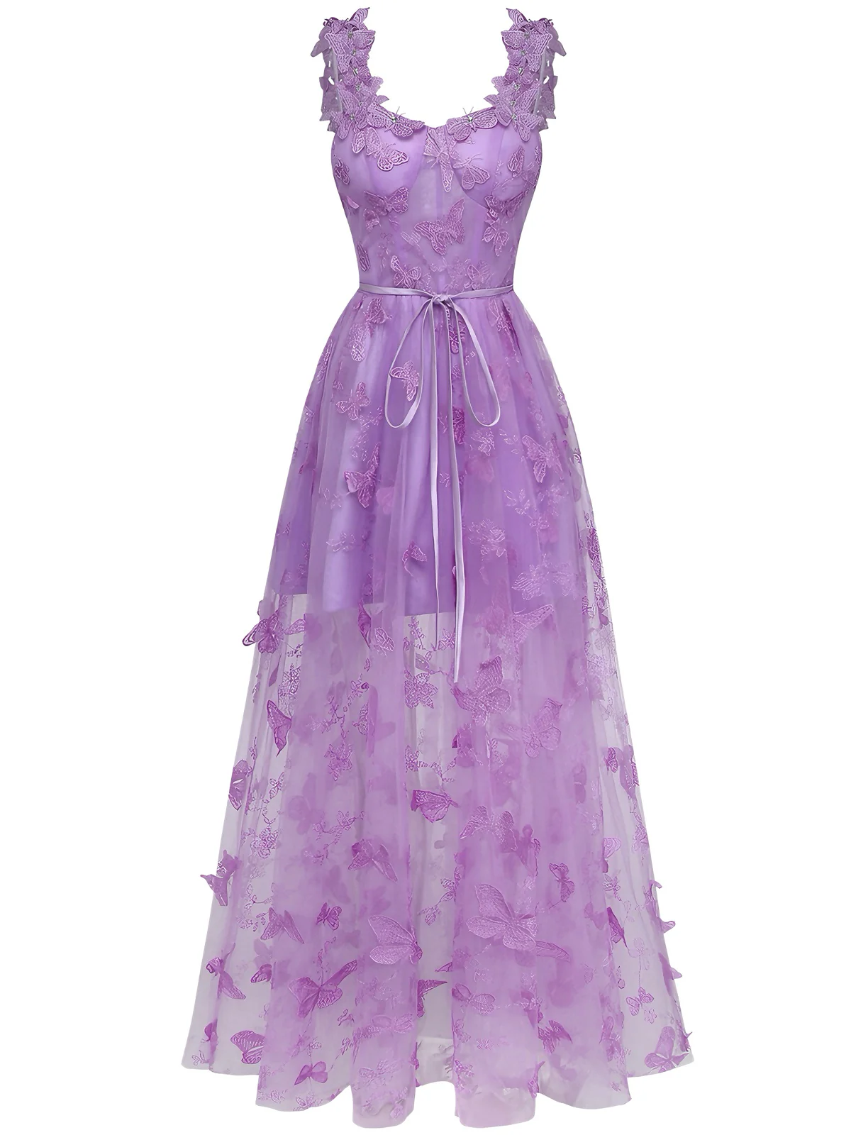 Gelb 1930er Spaghetti Träger 3D Schmetterlinge Netz Maxi Kleid - Image 3