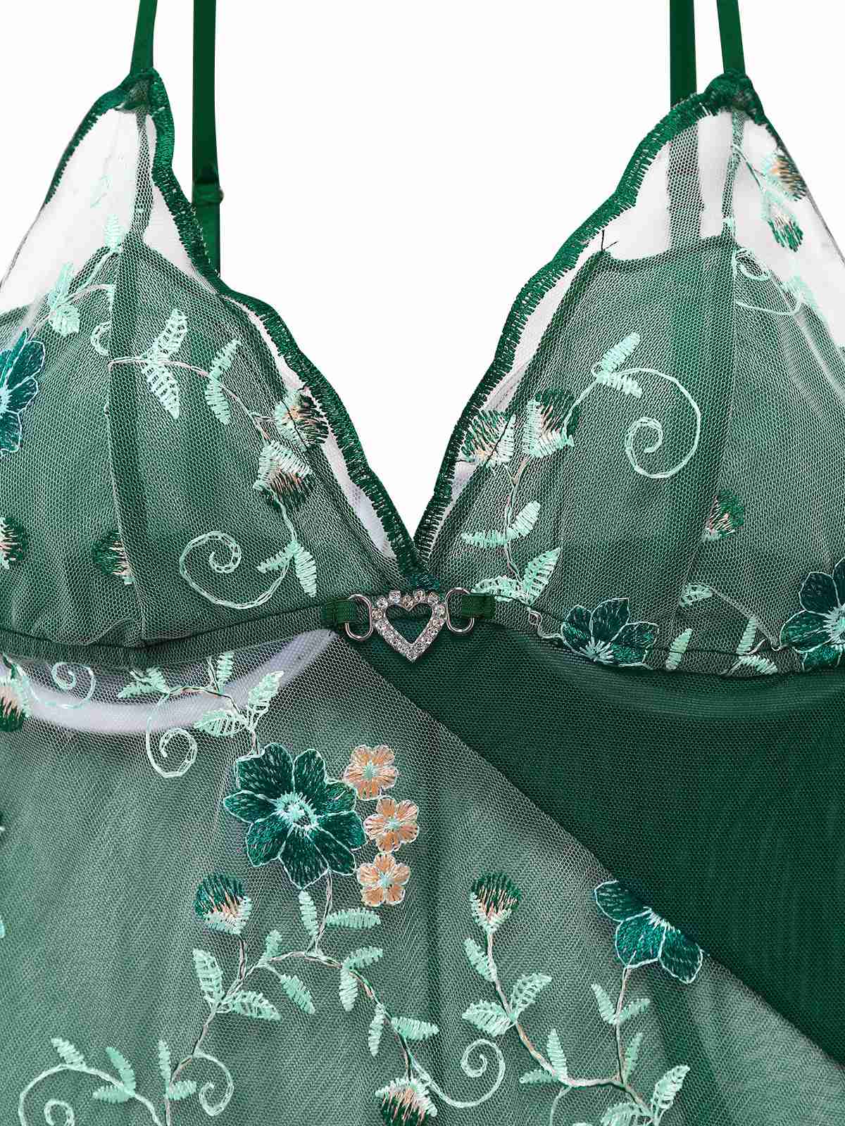 Grün 1930er Spitze Bestickt Blumen Träger Nachthemd - Image 3