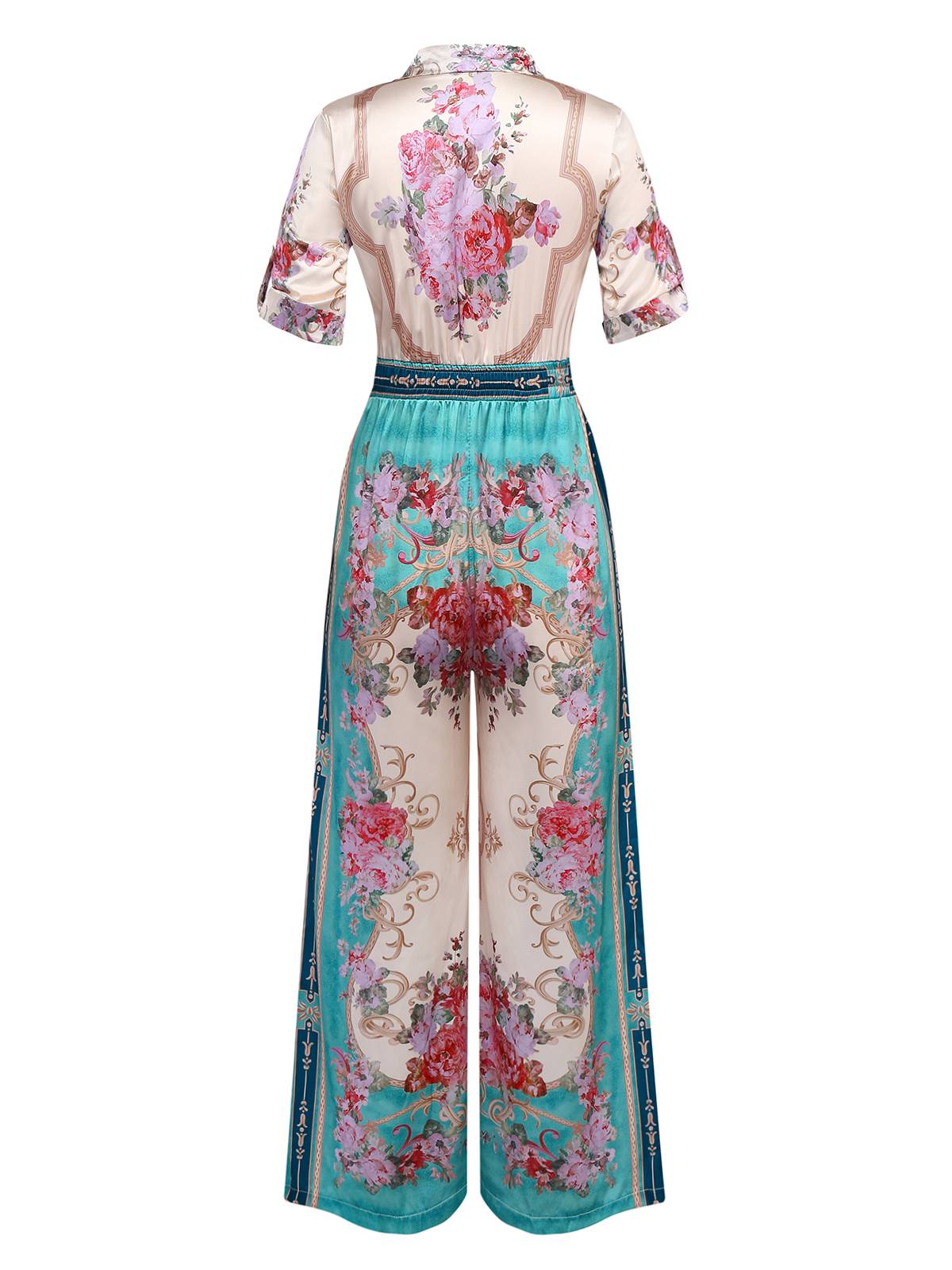 Grün 1930er Symmetrisch Blumen Hemdkragen Jumpsuit - Image 2