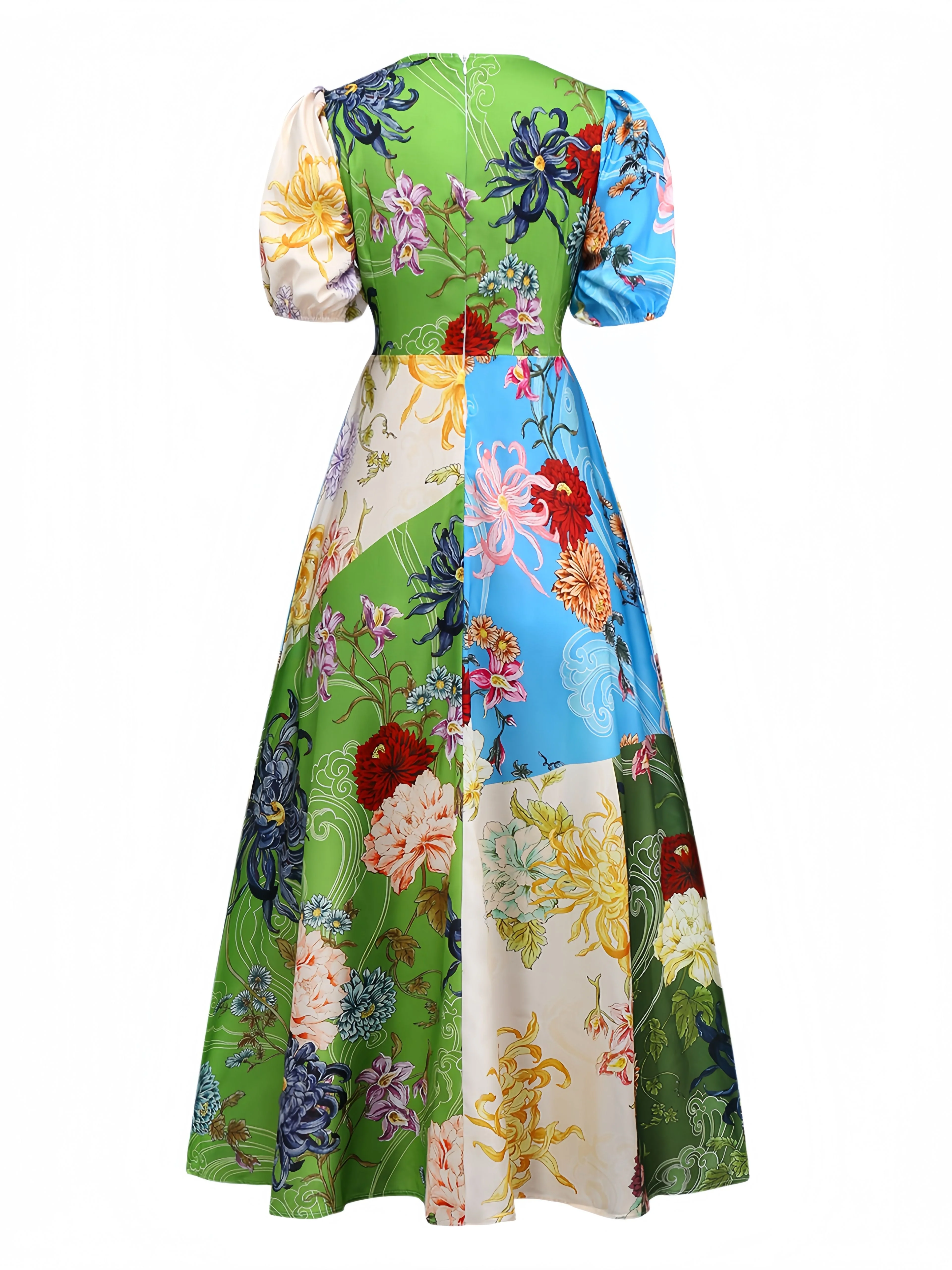 Grün 1940er Blumen Gekritzel Puffärmel Kleid - Image 2