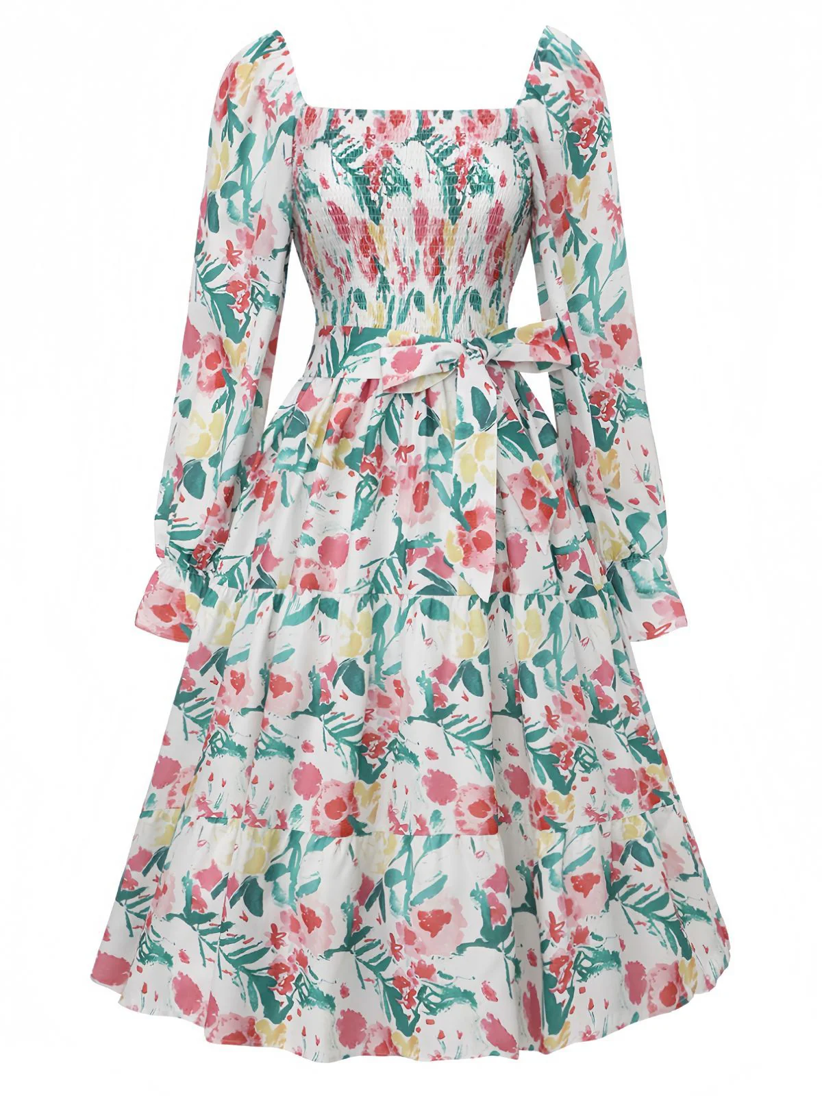 Grün 1940er Blumen Schnürung Quadratischer Hals Glockenärmel Kleid - Image 2