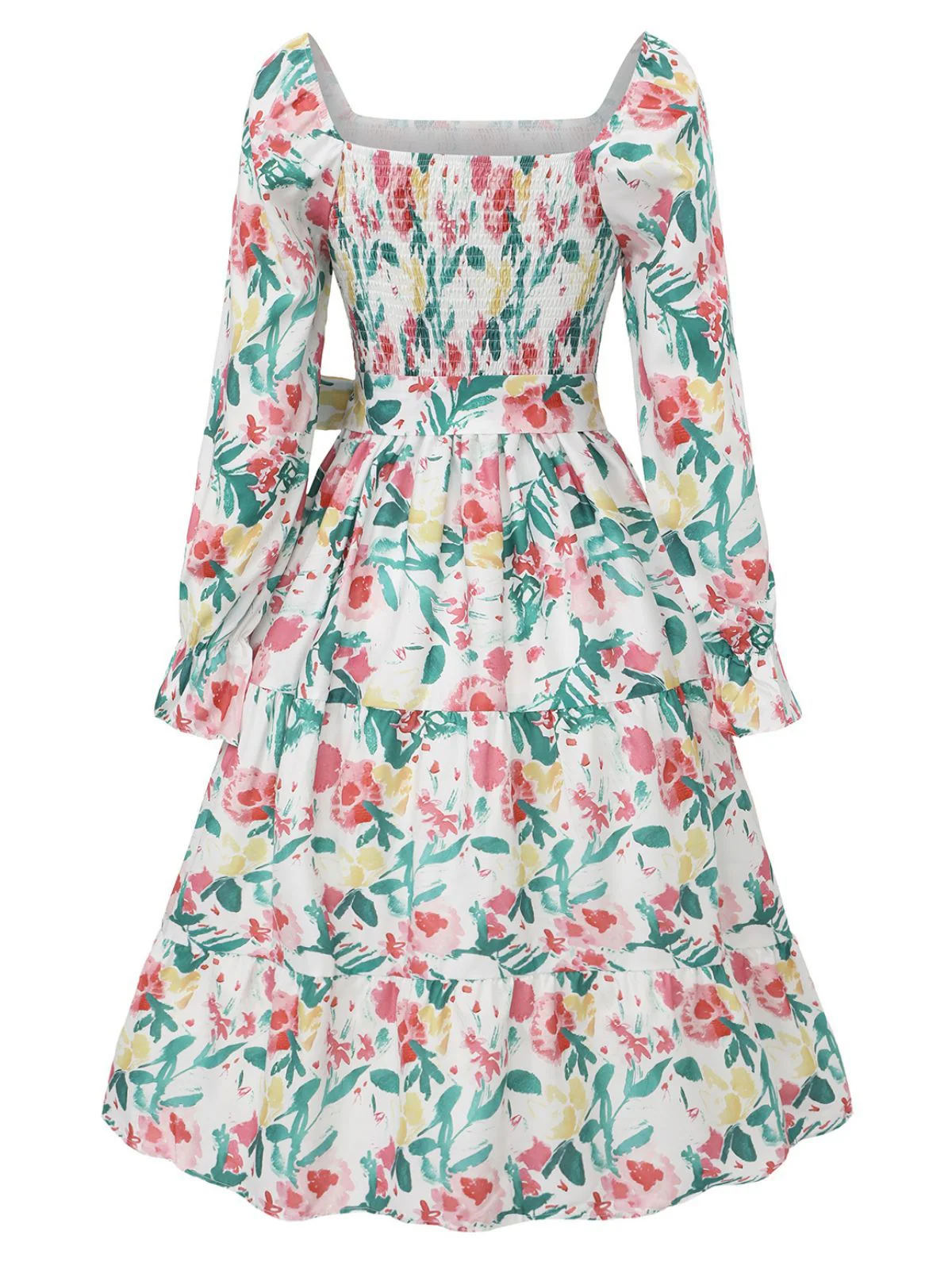 Grün 1940er Blumen Schnürung Quadratischer Hals Glockenärmel Kleid - Image 3