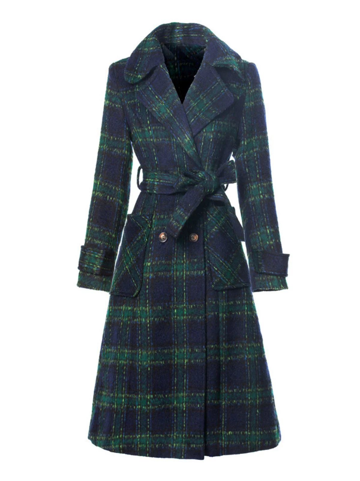 Grün 1940er Gekerbter Kragen Blackwatch Plaid Lang Mantel