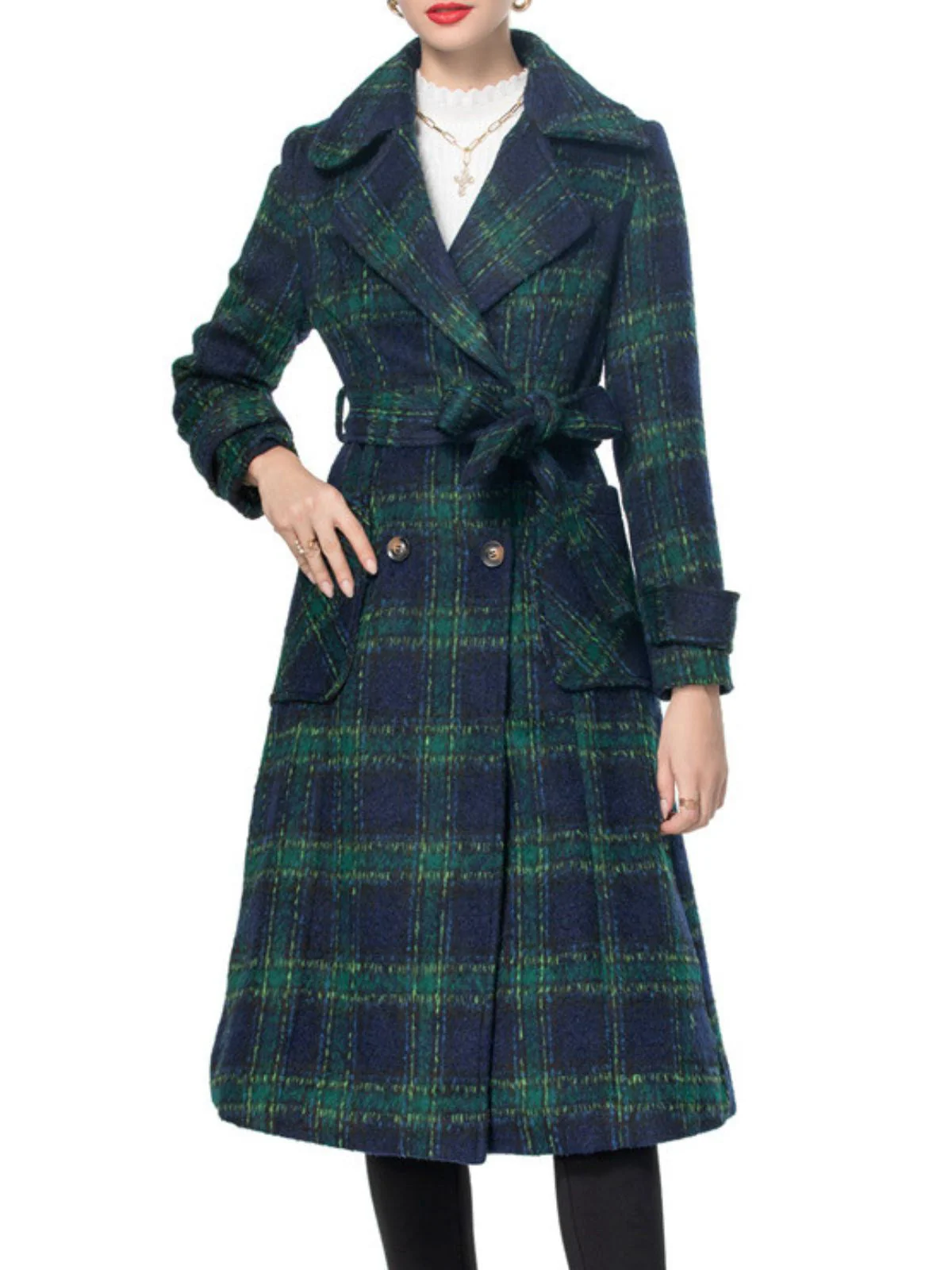 Grün 1940er Gekerbter Kragen Blackwatch Plaid Lang Mantel - Image 2