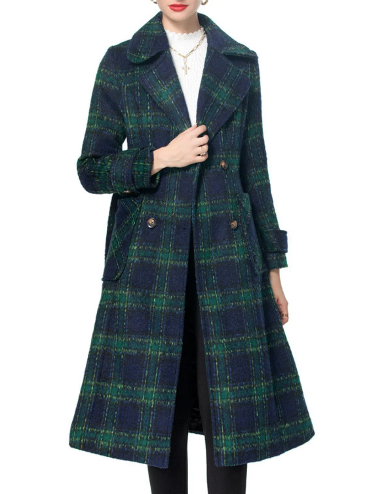 Grün 1940er Gekerbter Kragen Blackwatch Plaid Lang Mantel - Image 3