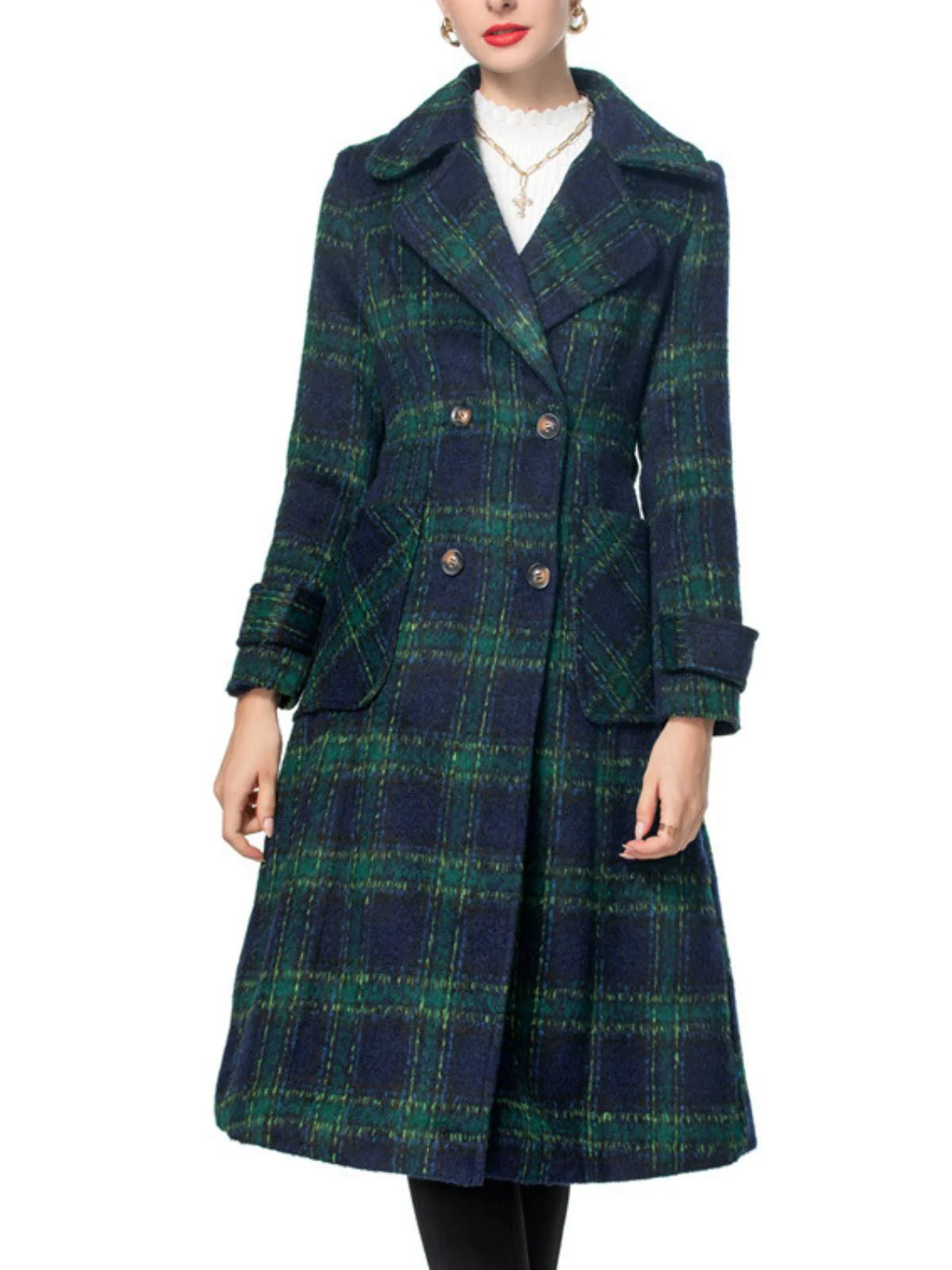 Grün 1940er Gekerbter Kragen Blackwatch Plaid Lang Mantel - Image 4