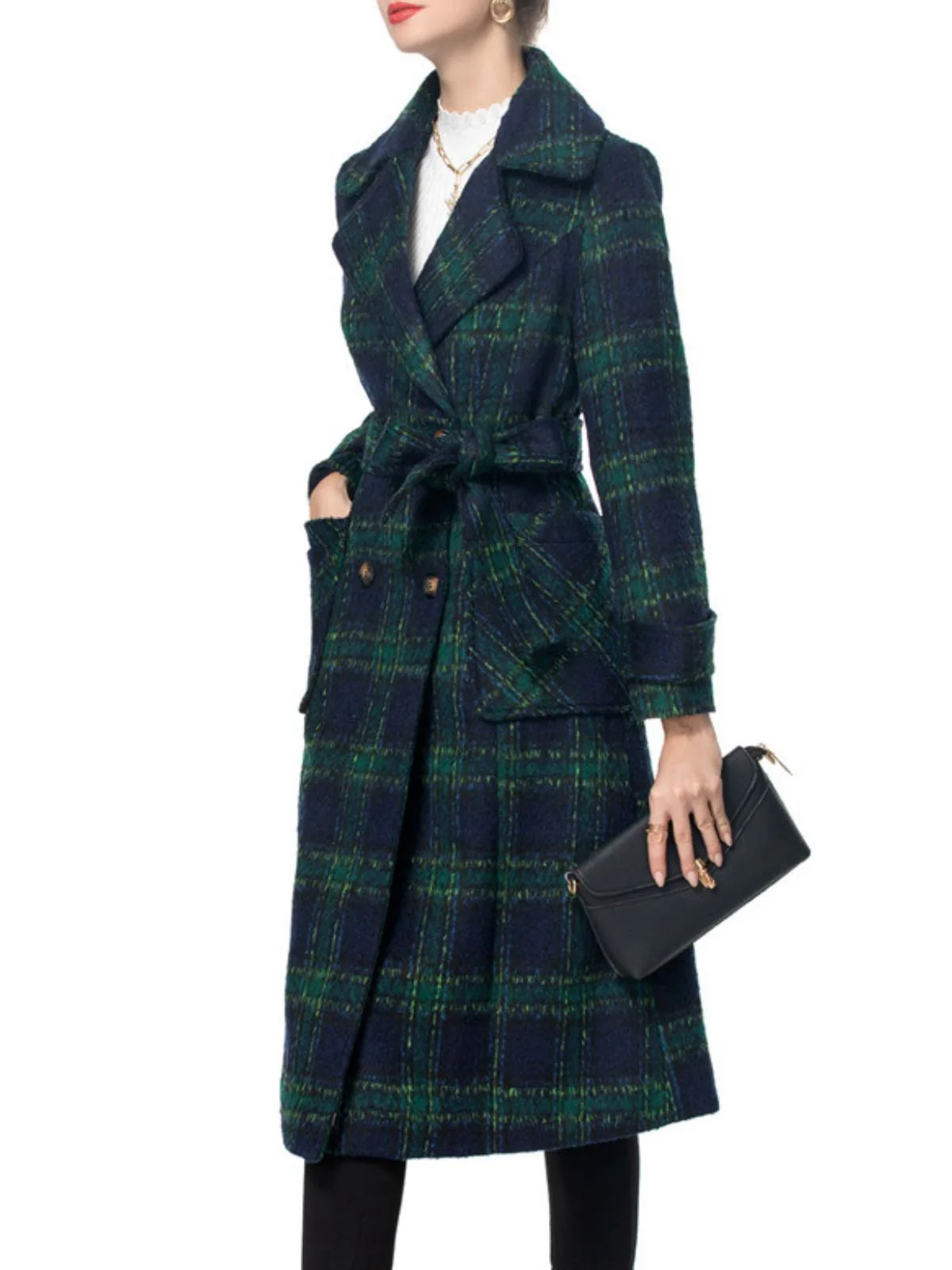 Grün 1940er Gekerbter Kragen Blackwatch Plaid Lang Mantel - Image 5