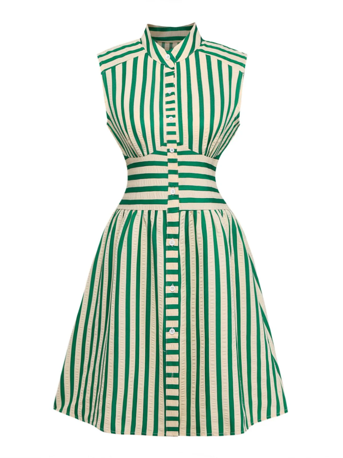 Grün 1940er Gestreift Einreihig Ärmelloses Kleid - Image 2