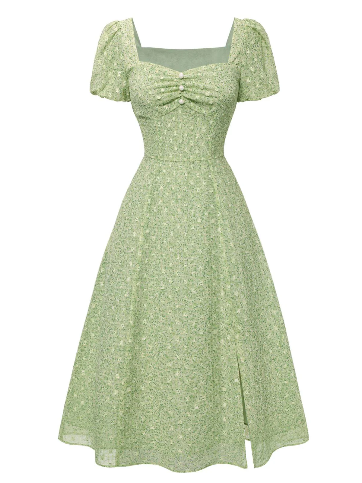 Grün 1940er Herzförmiger Blümchen Kleid - Image 3